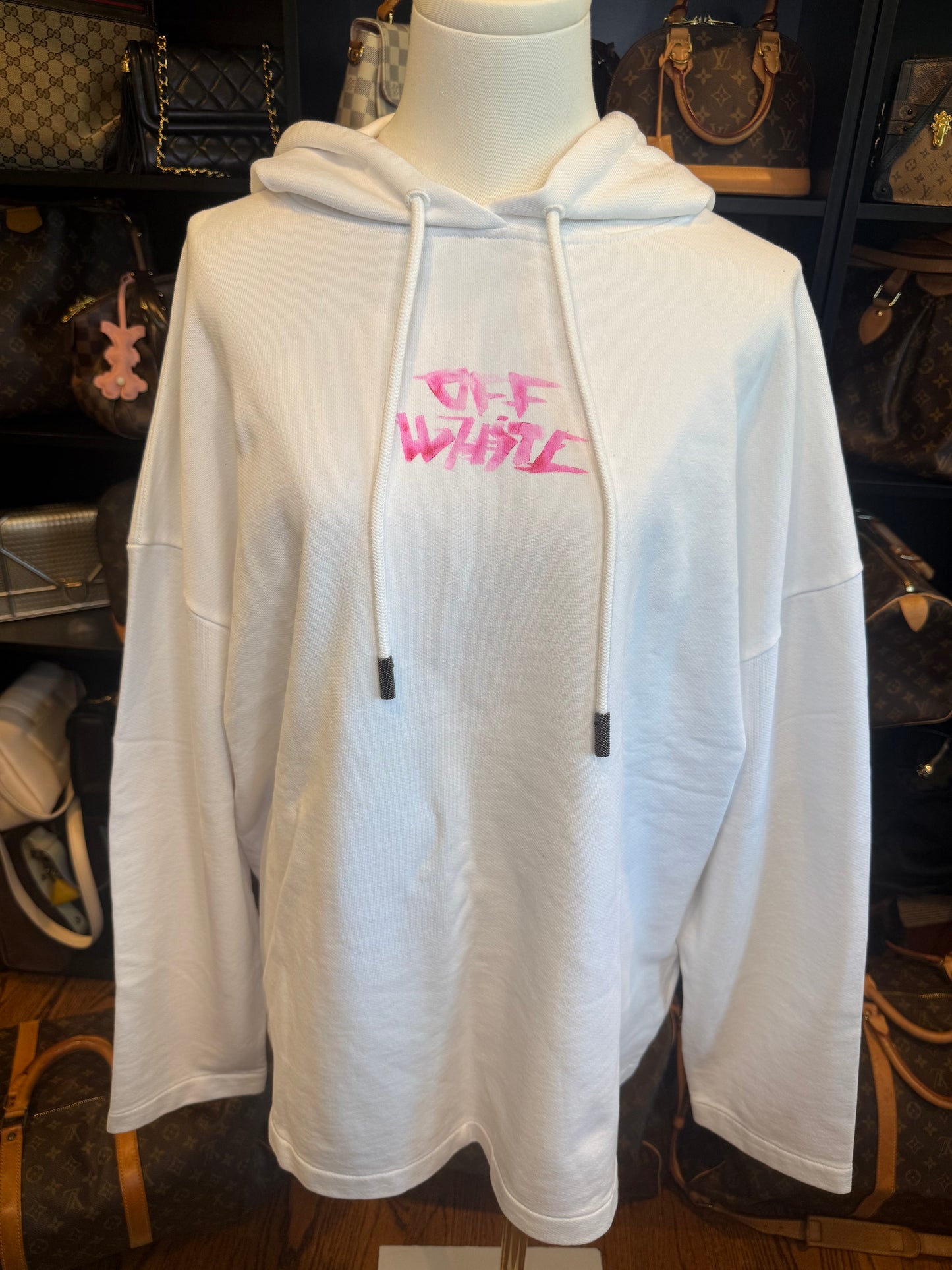 1629. Off White Pink Graffiti White Hoodie Sweatshirt