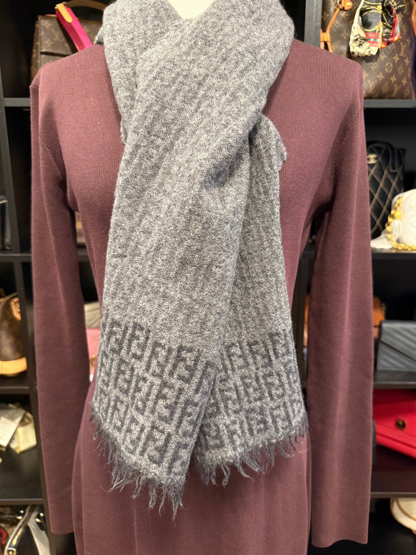 329. Fendi Grey Fringe Wool Scarf with FF monogram logo