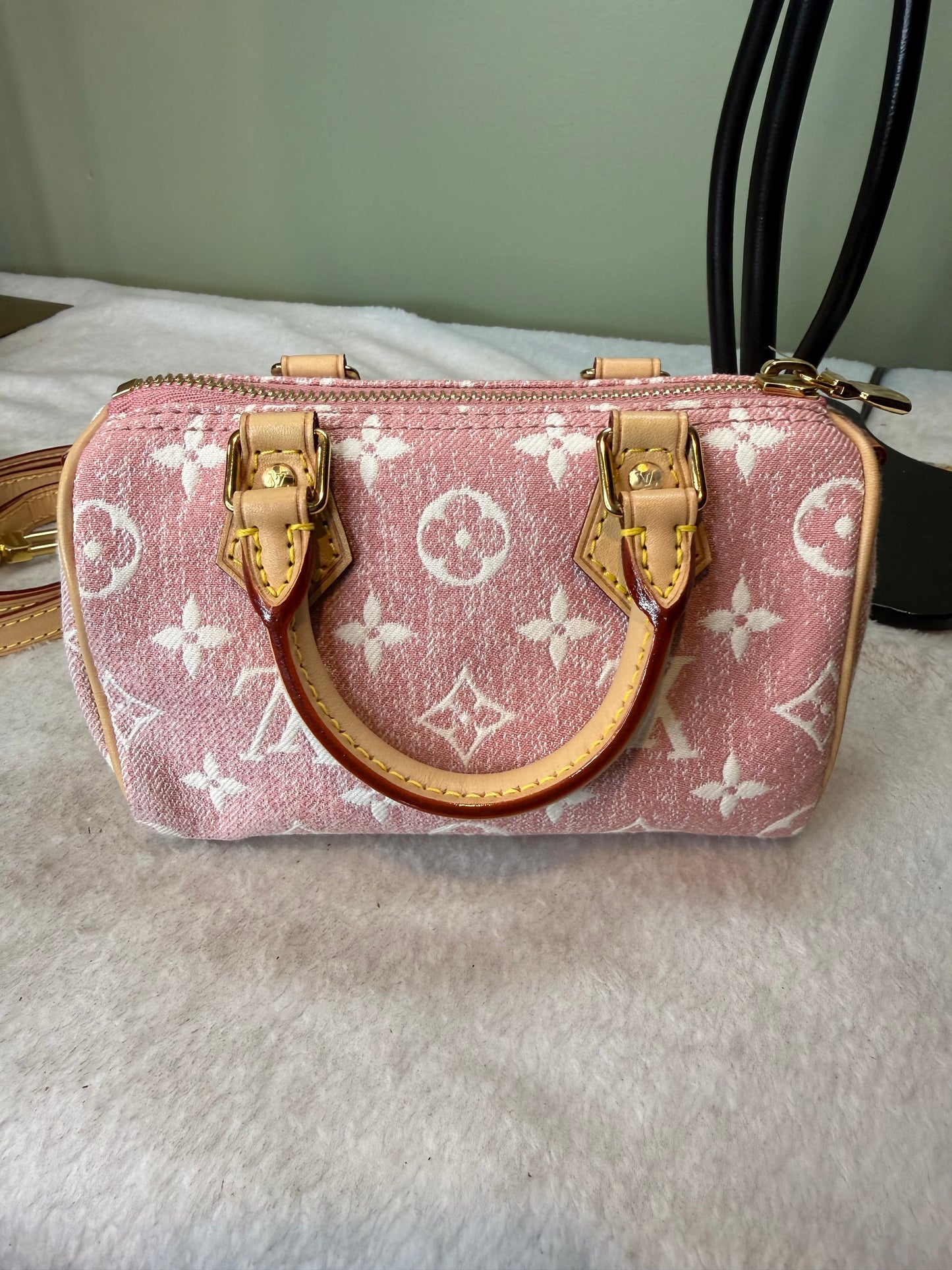 964. Louis Vuitton Pink Monogram Jacquard Denim Nano Speedy Bando
