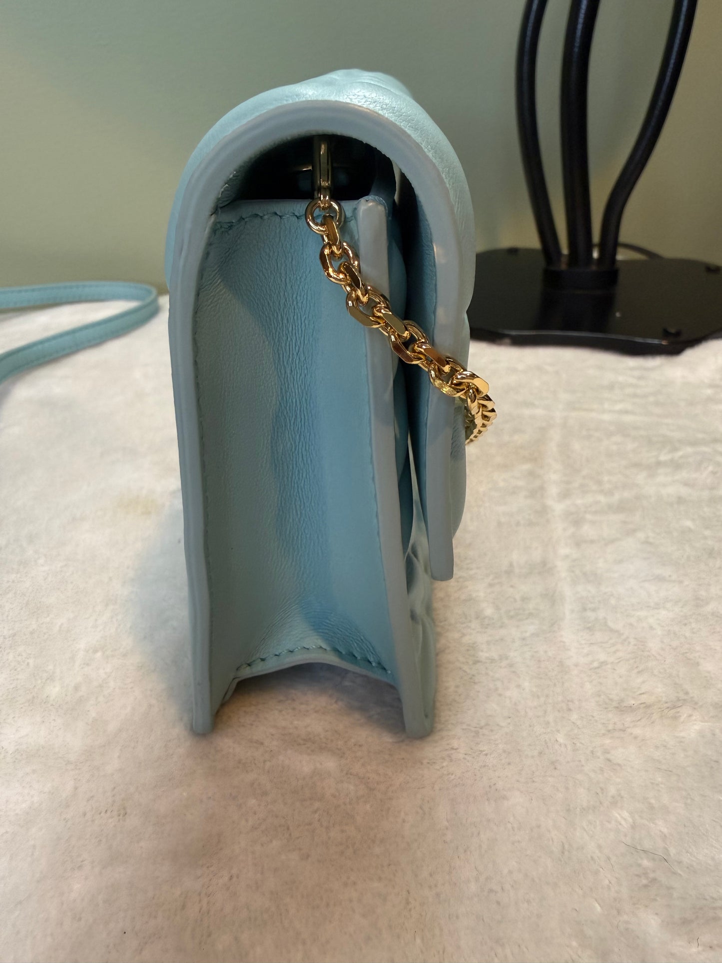 1909. Fendi Light Blue Nappa Leather Wallet on Chain Baguette