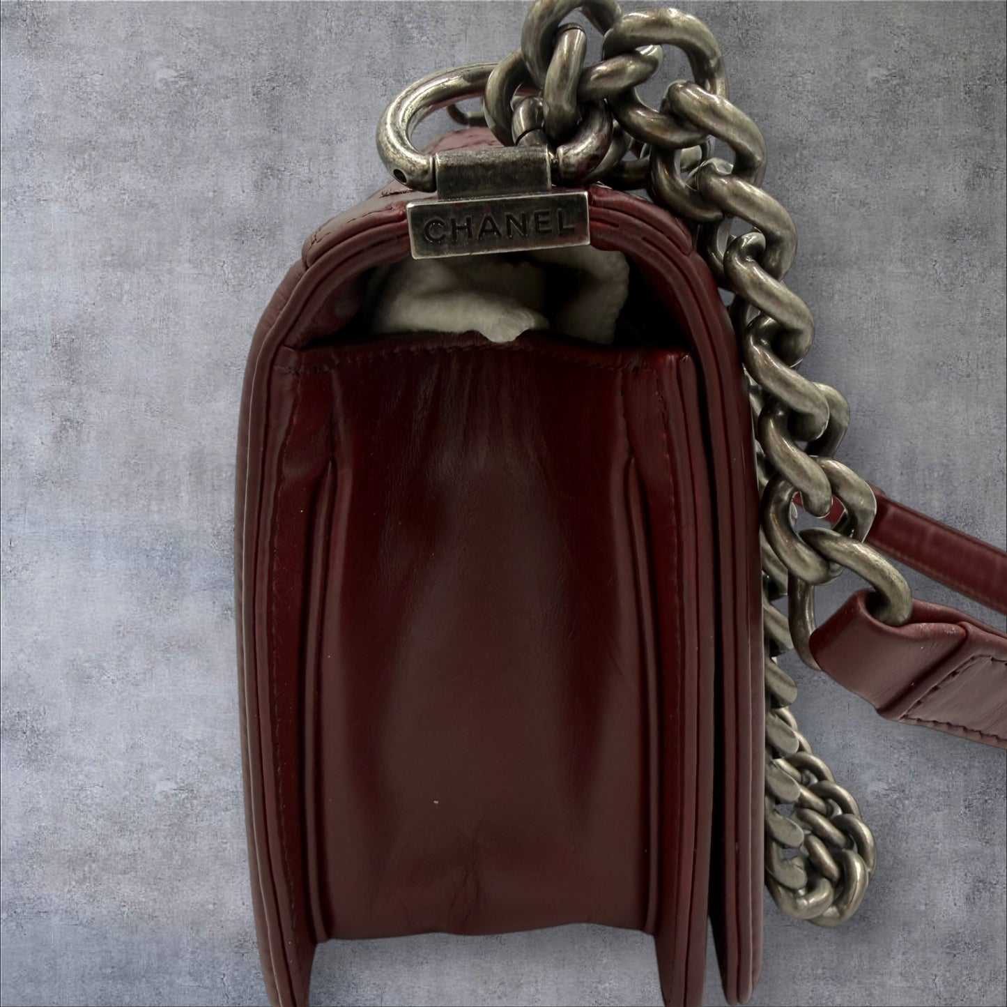 710. Chanel Burgundy Embossed Calfskin Paris Salzburg Medium Boy