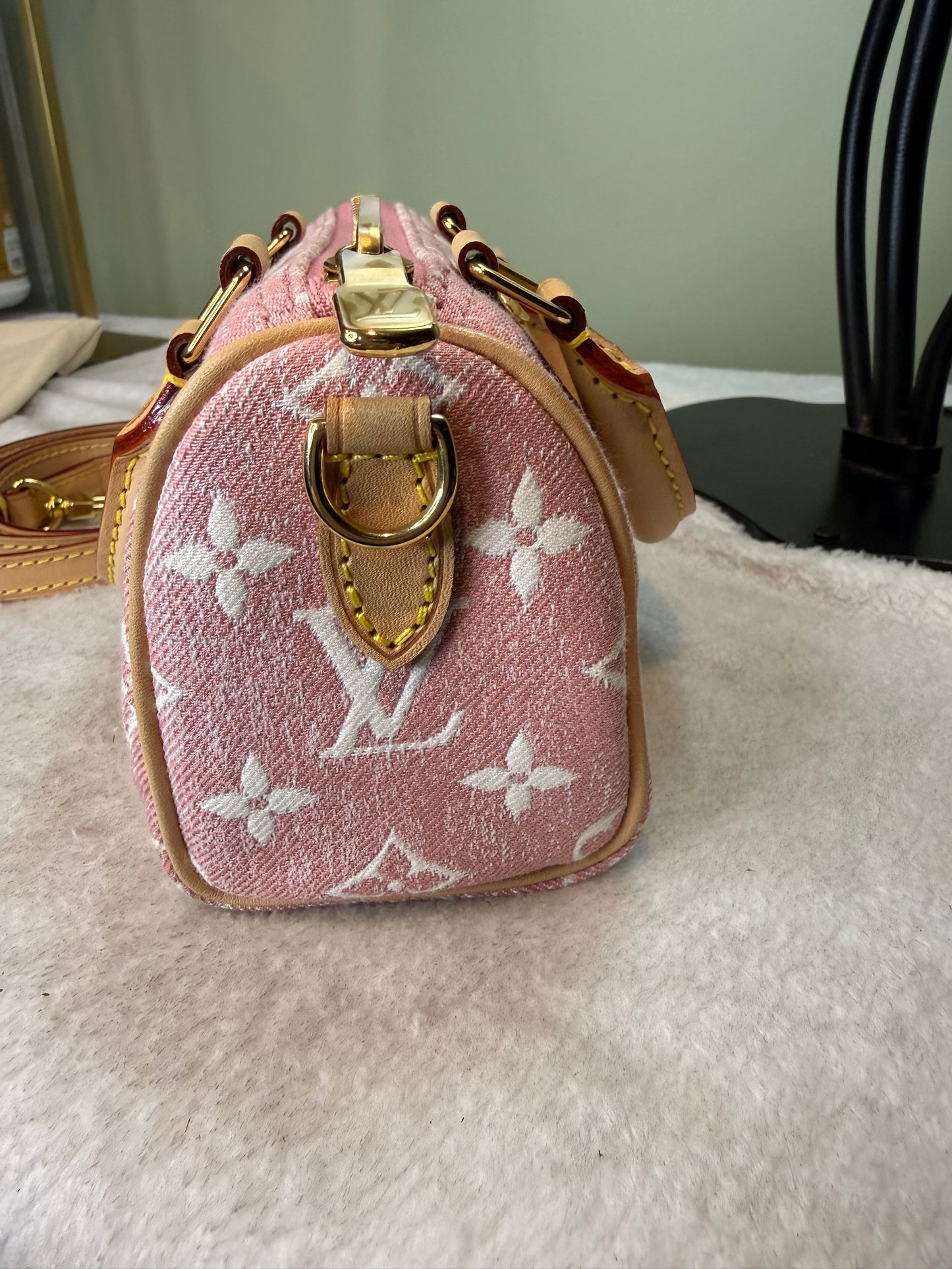 964. Louis Vuitton Pink Monogram Jacquard Denim Nano Speedy Bando