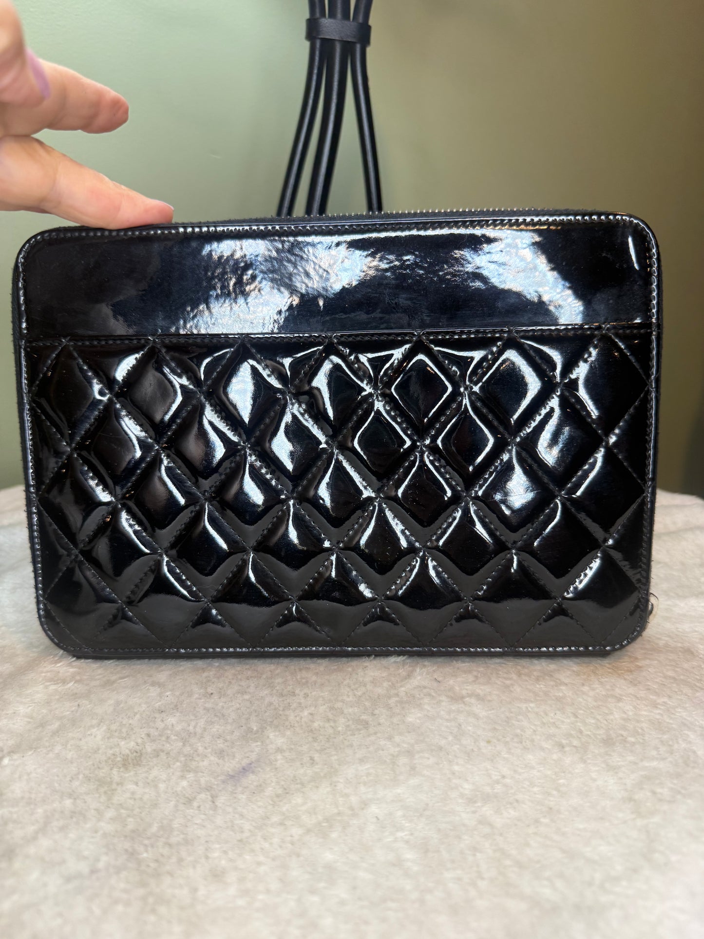 1528. Chanel Black Quilted Patent Leather Clutch