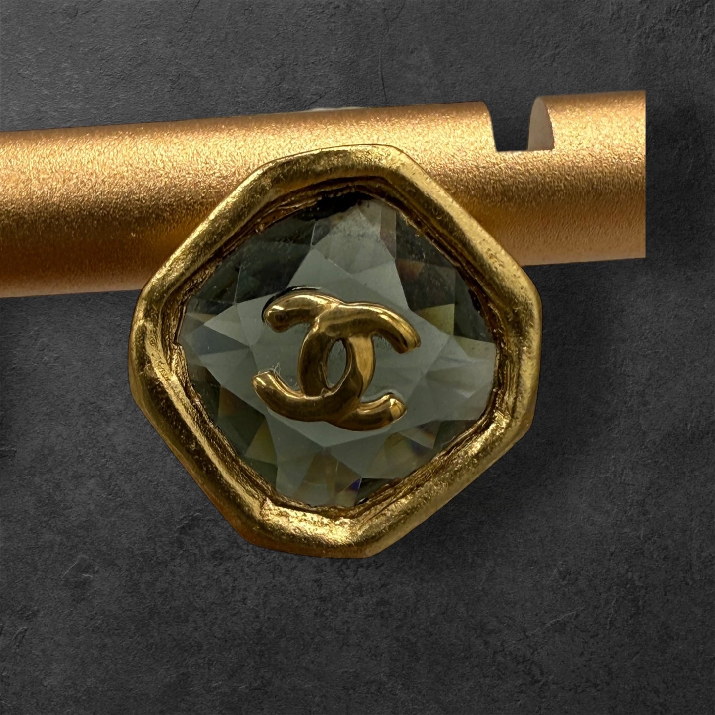 298. Chanel Coco Mark Stone Rhinestone Gold Plated  CC Earrings