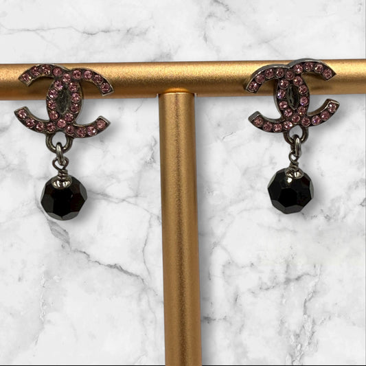Chanel CC Drop Pierced Earrings with Pink Rhinestone and Black beads