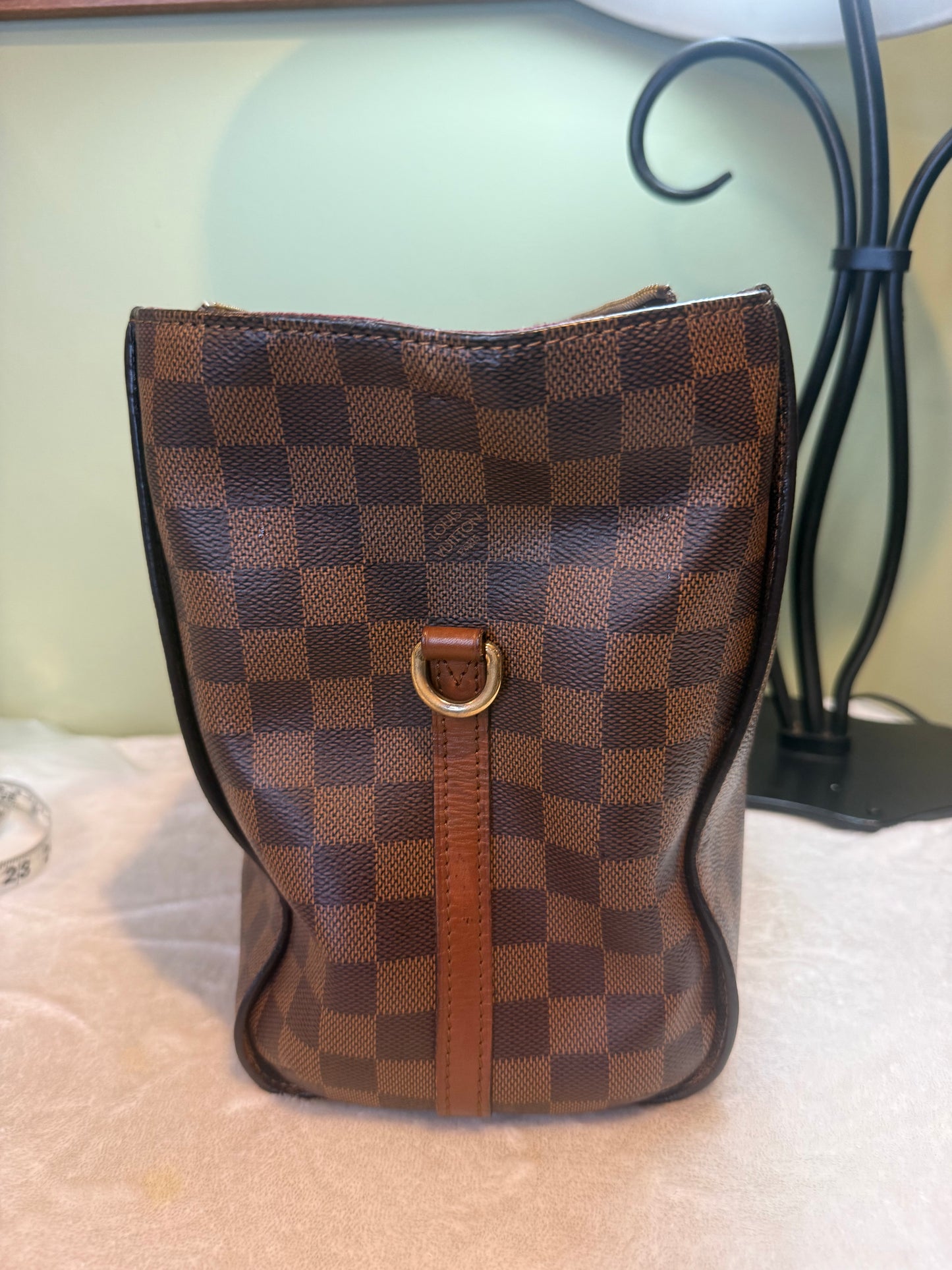 1875. Louis Vuitton Damier Ebene Greenwich PM Tote with Brown leather