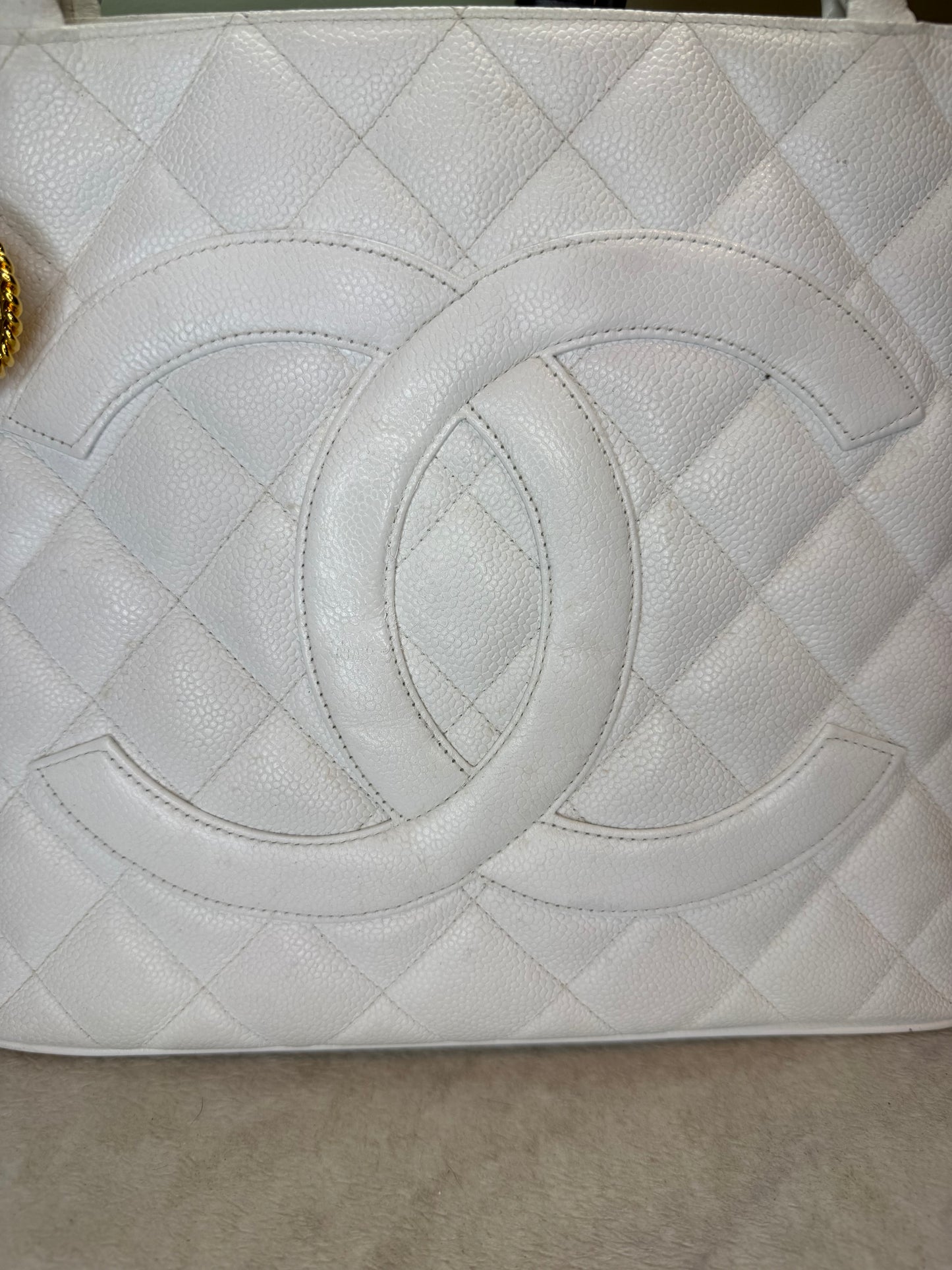 1520. Chanel White Caviar Medallion Gold Tote