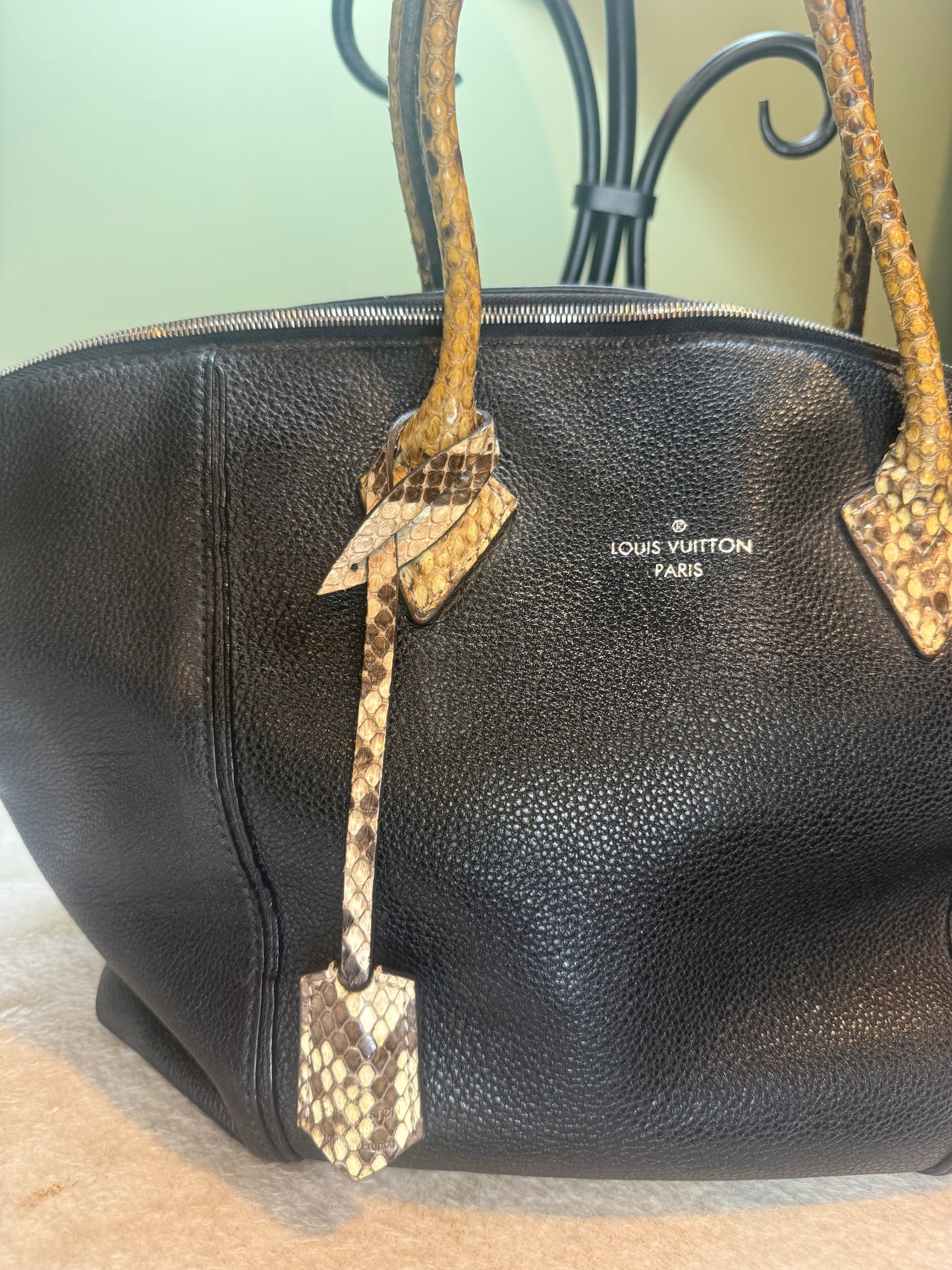 1144. Louis Vuitton Black Soft Lockit MM Tote with Python accents