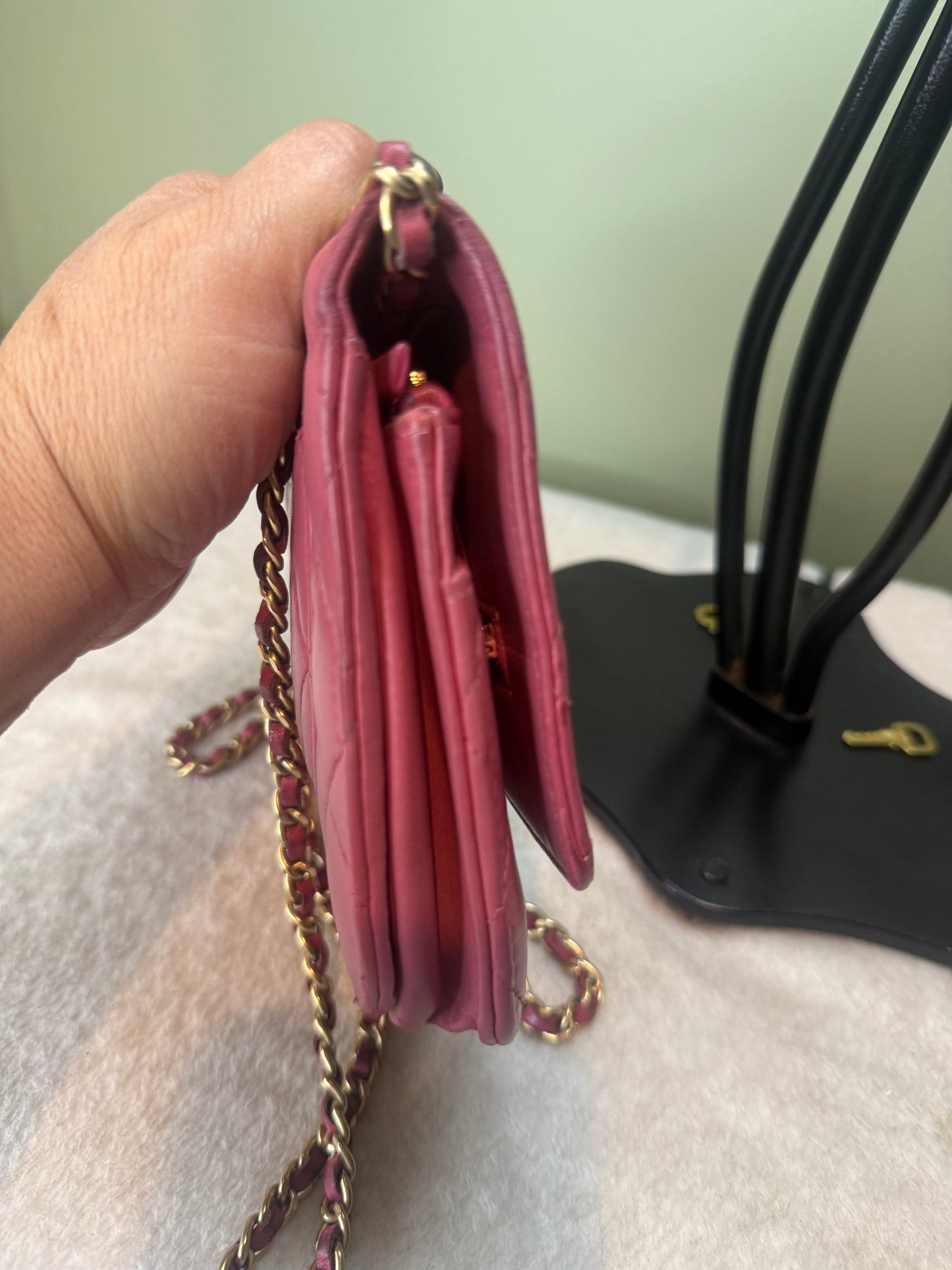 1281. Chanel Pink Lambskin Classic Wallet on Chain