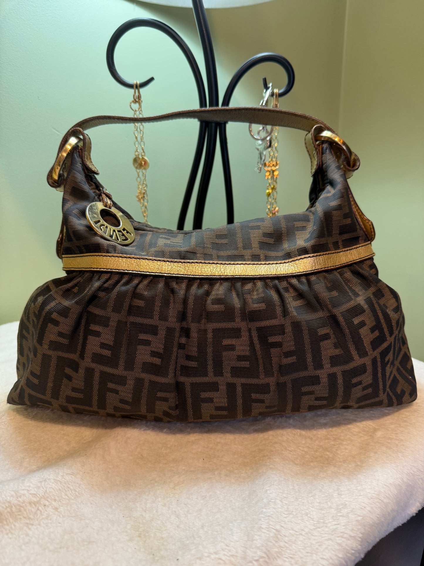 282. Fendi Zucca Chef Shoulder Bag with Gold Trim