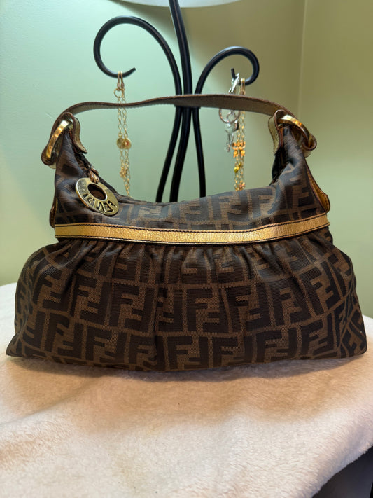 282. Fendi Zucca Chef Shoulder Bag with Gold Trim