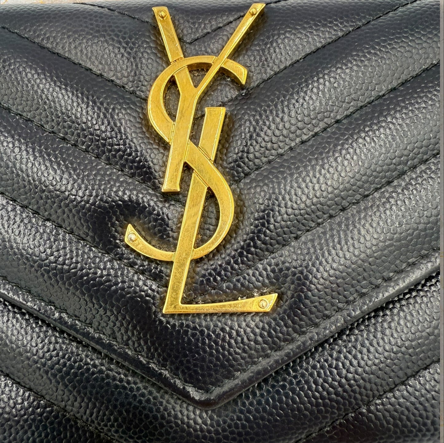 275. YSL Navy Monogram Flap Wallet in Grained Leather