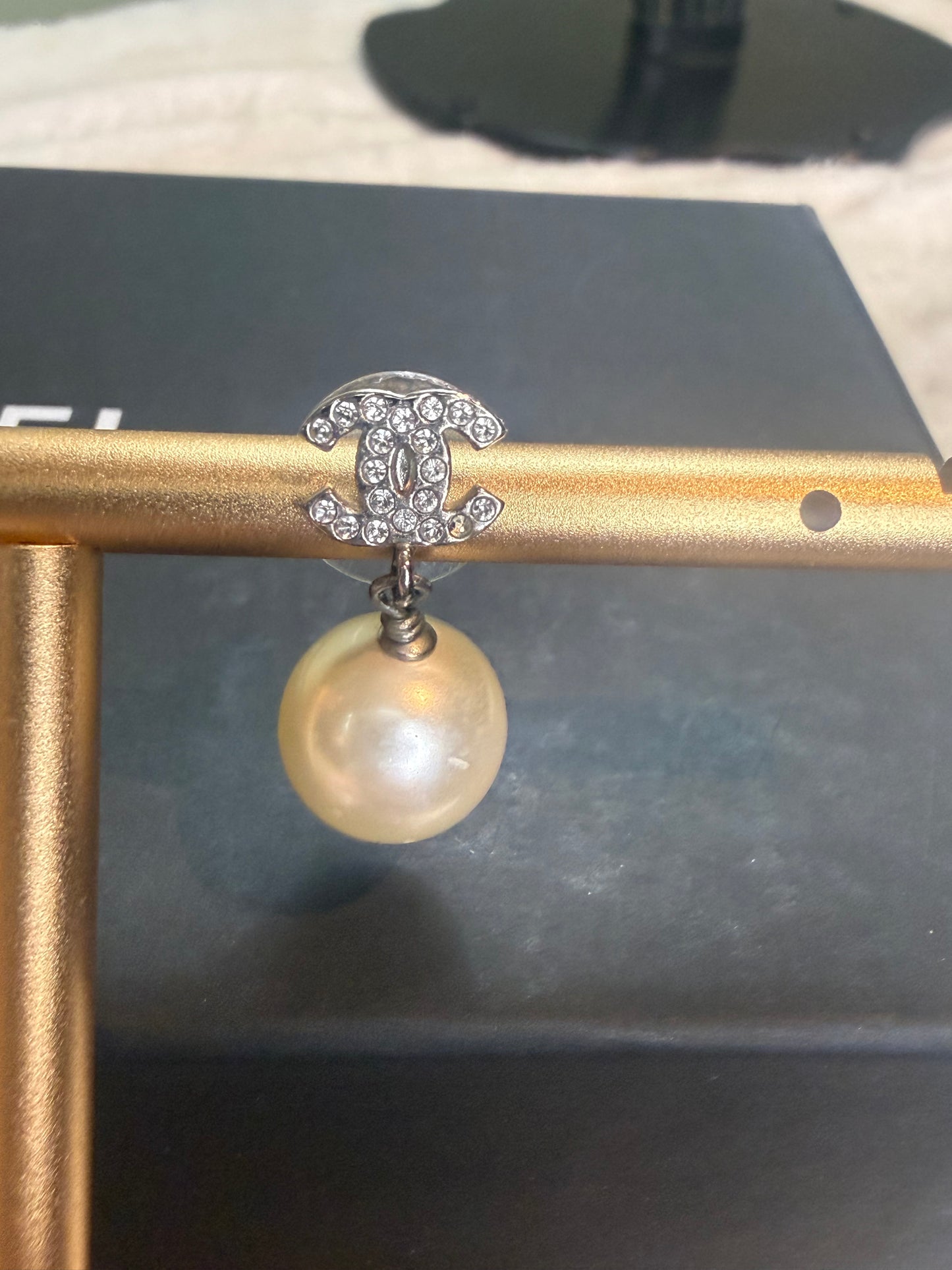 1478. Chanel Silver Rhinestone CC with Pearl Drop