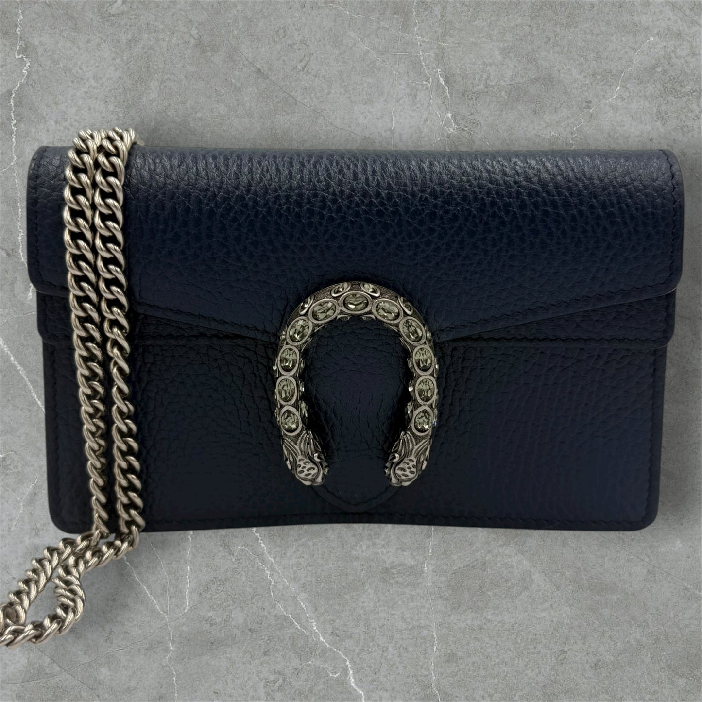 268. Gucci Navy Super Mini Leather Dionysus Chain Wallet