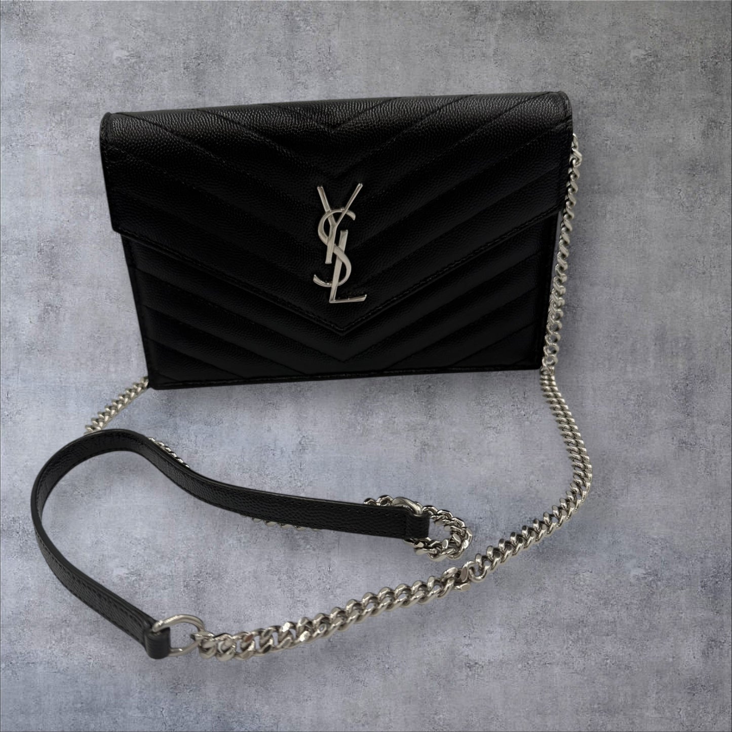 Saint Laurent YSL Black Wallet on Chain with silver logo shoulder bag