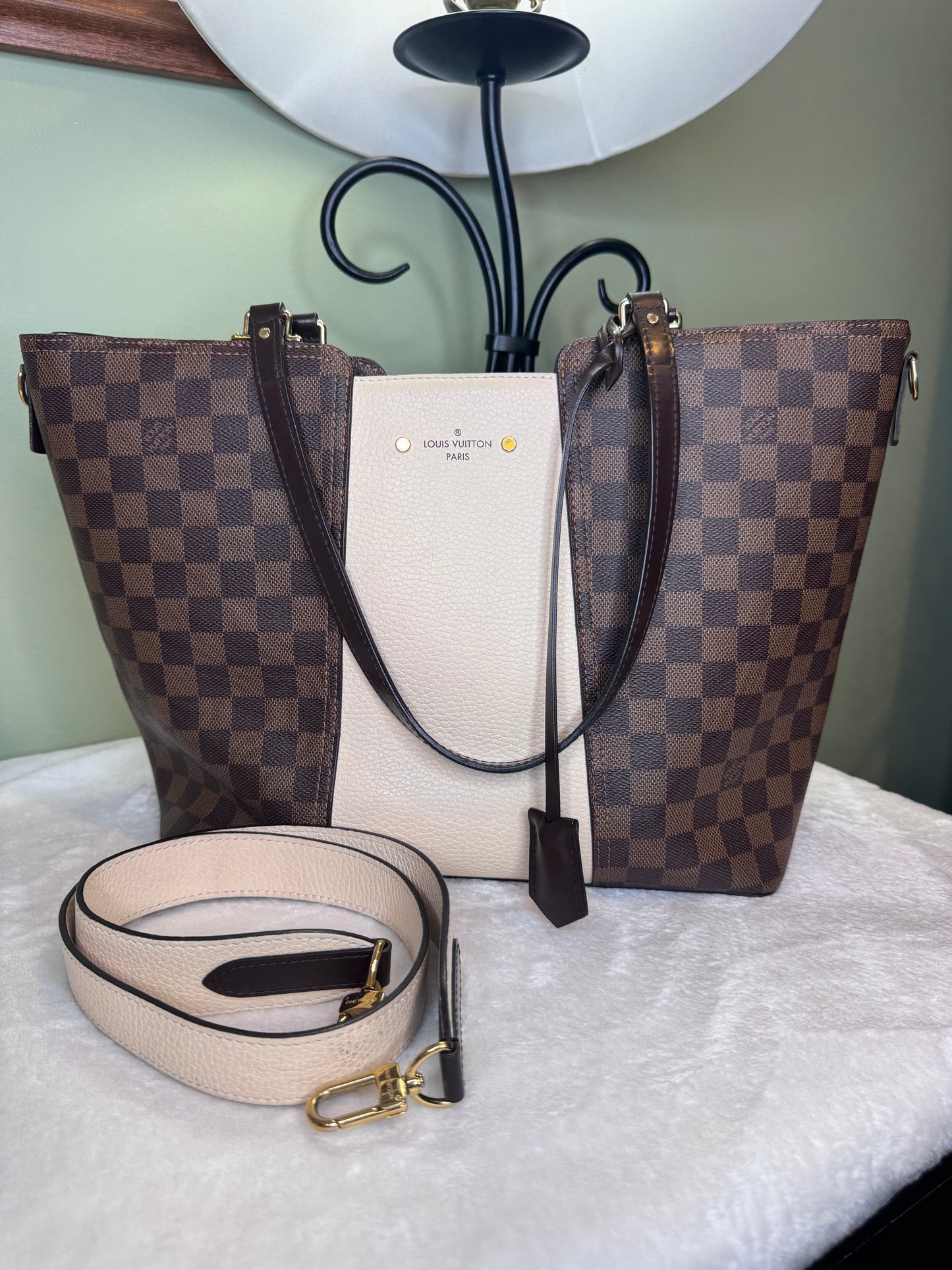 1706. Louis Vuitton Damier Ebene Jersey Tote with Cream