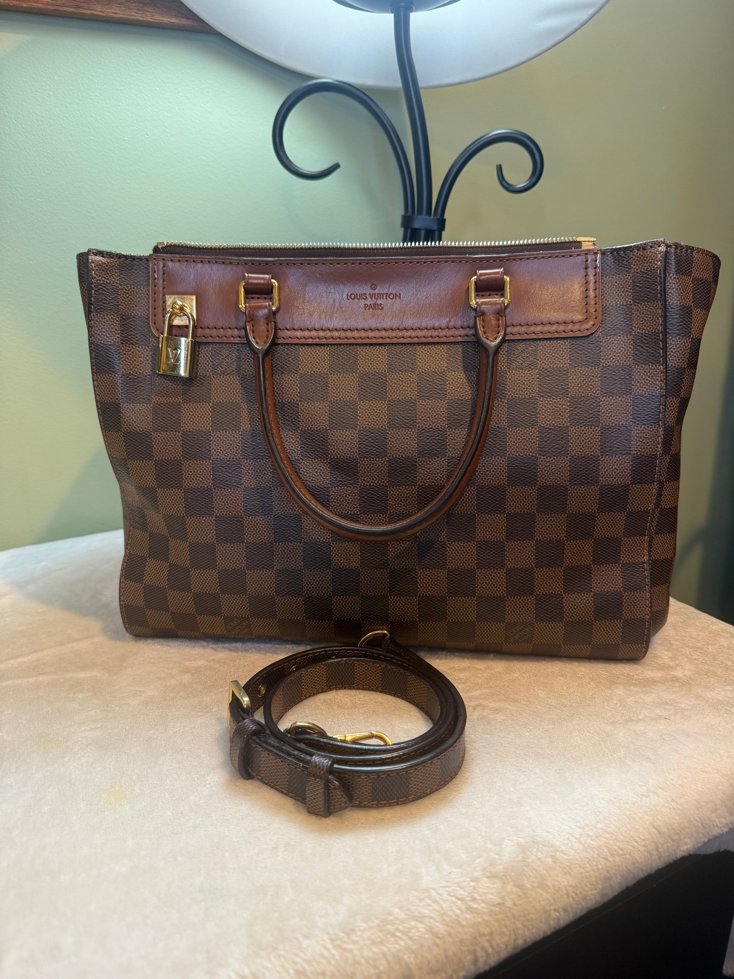 1875. Louis Vuitton Damier Ebene Greenwich PM Tote with Brown leather