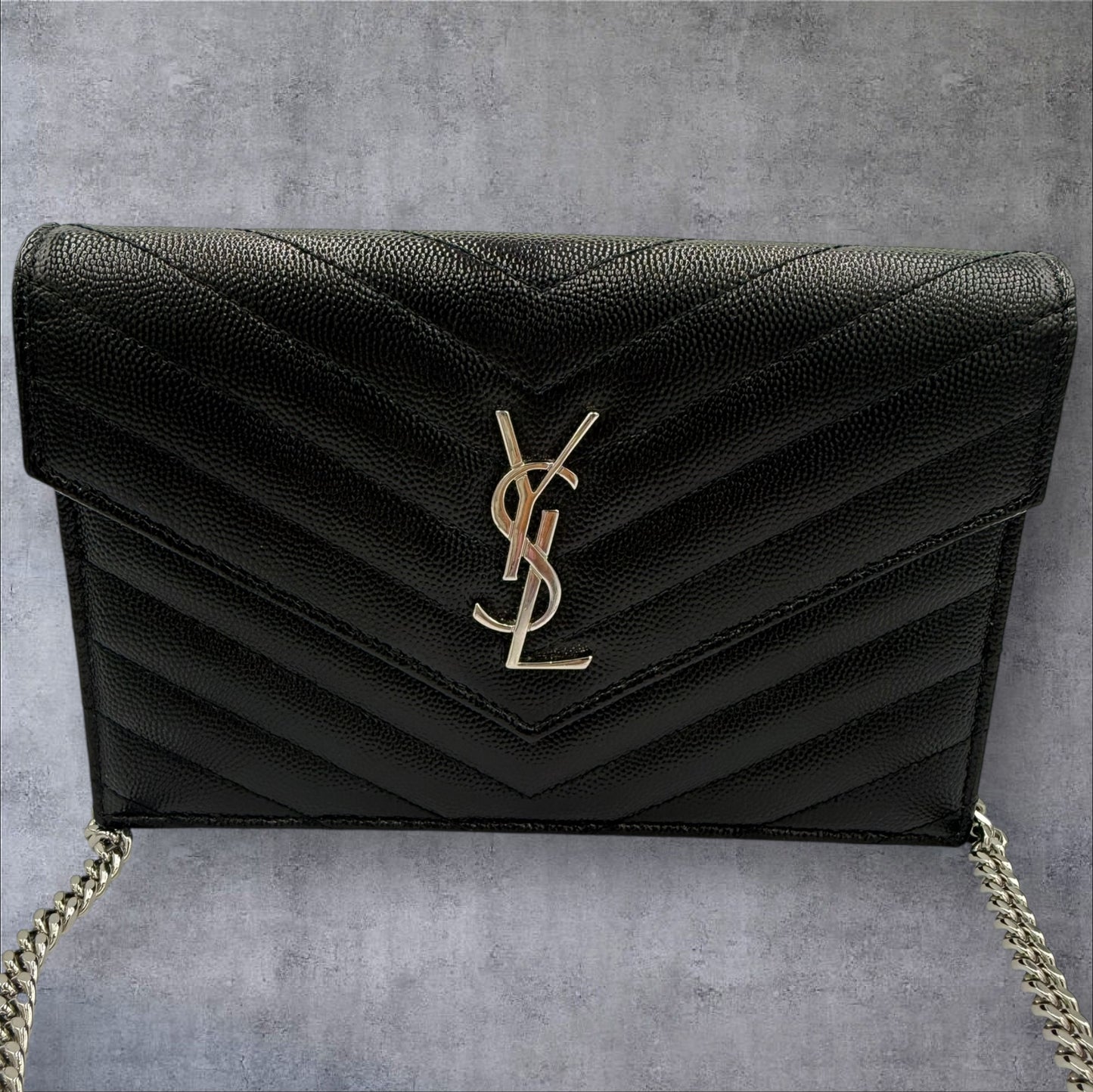 Saint Laurent YSL Black Wallet on Chain with silver logo shoulder bag