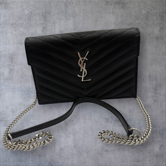 Saint Laurent YSL Black Wallet on Chain with silver logo shoulder bag