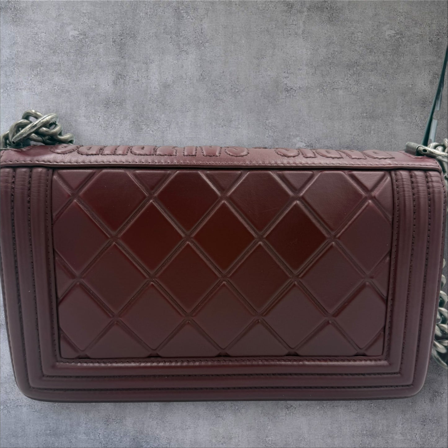 710. Chanel Burgundy Embossed Calfskin Paris Salzburg Medium Boy