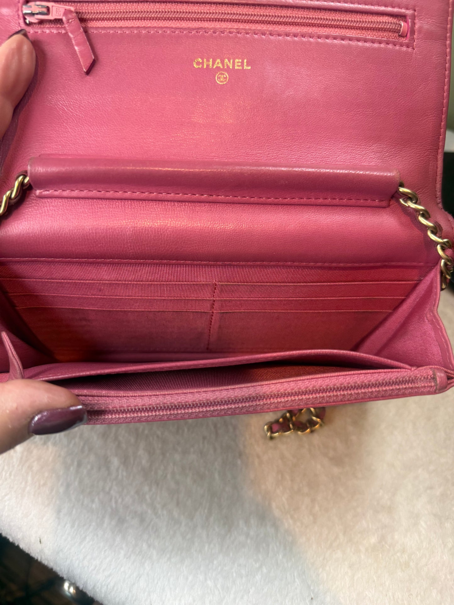 1281. Chanel Pink Lambskin Classic Wallet on Chain