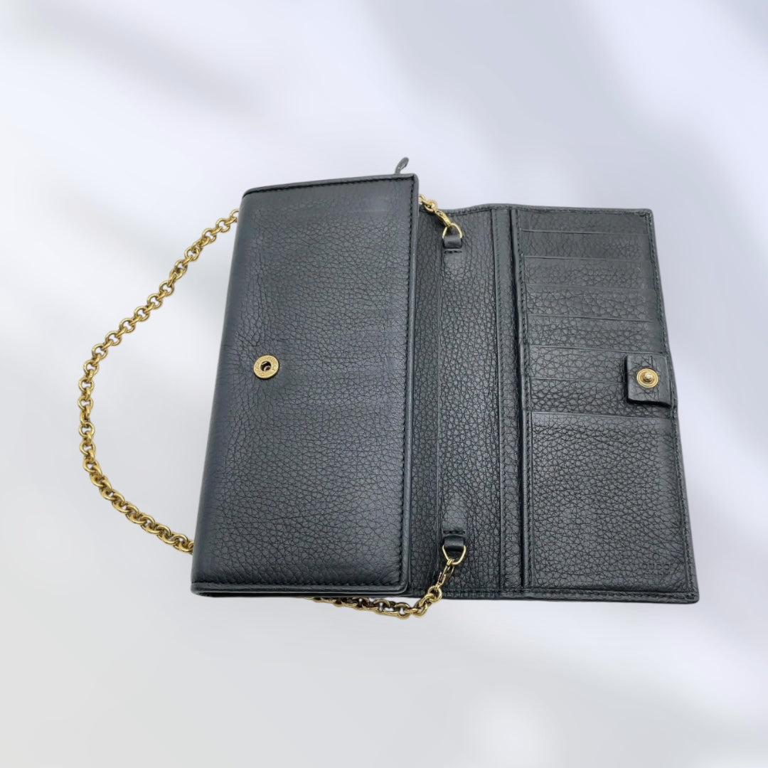 Gucci Belt Design Black Leather Chain Long Wallet