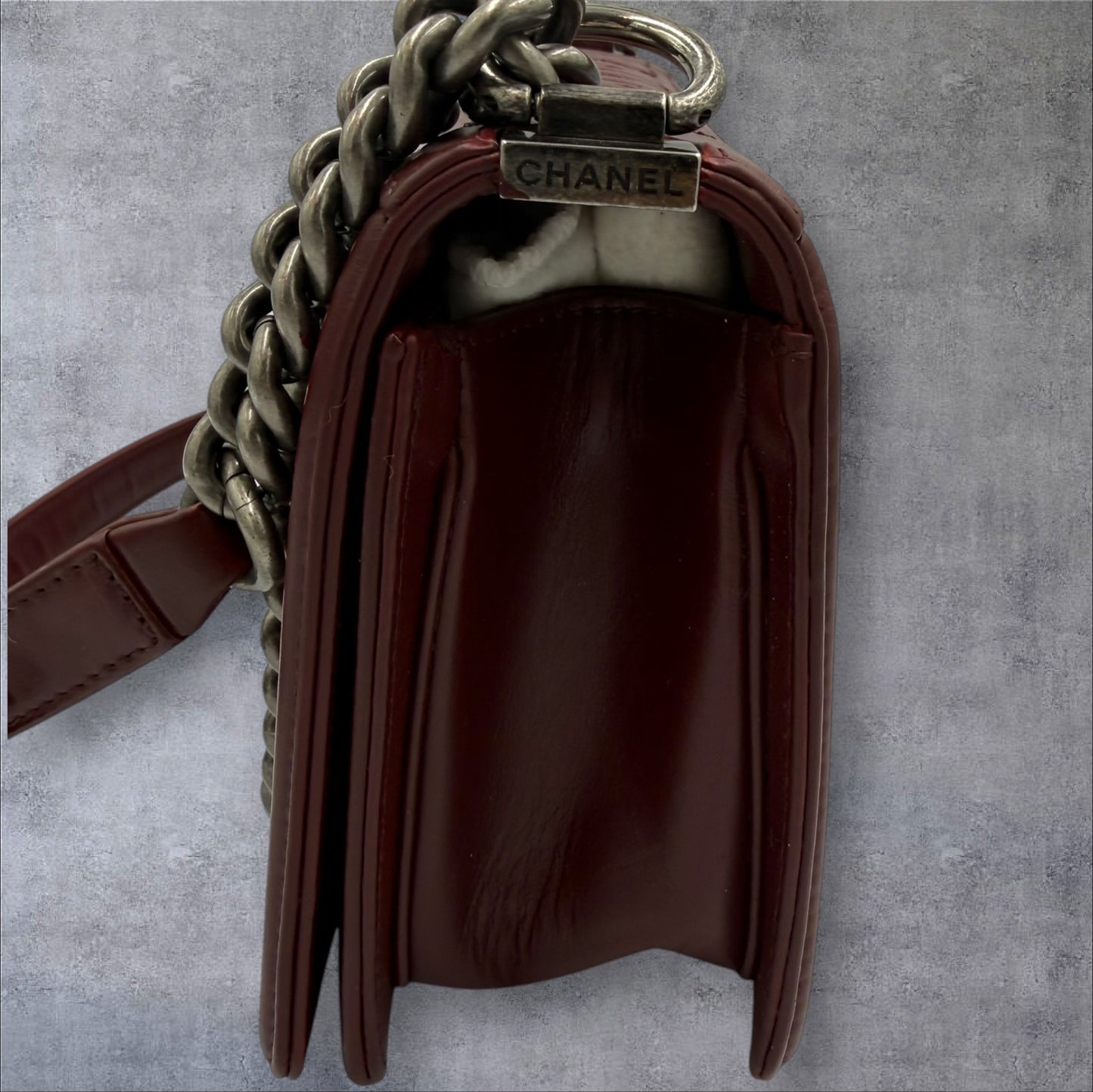 710. Chanel Burgundy Embossed Calfskin Paris Salzburg Medium Boy