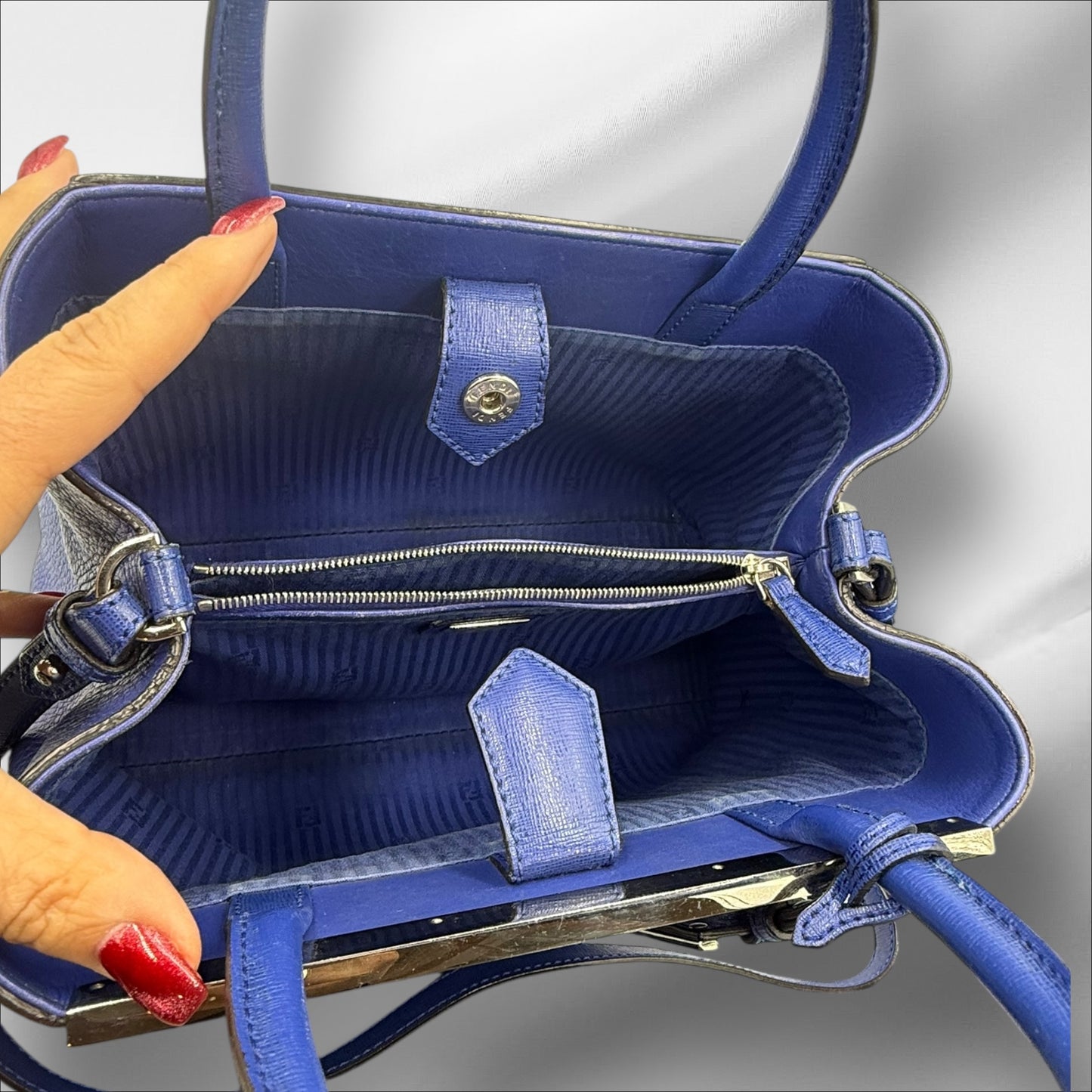 321. Fendi Blue Leather Petite Sac 2jours Elite Top Handle