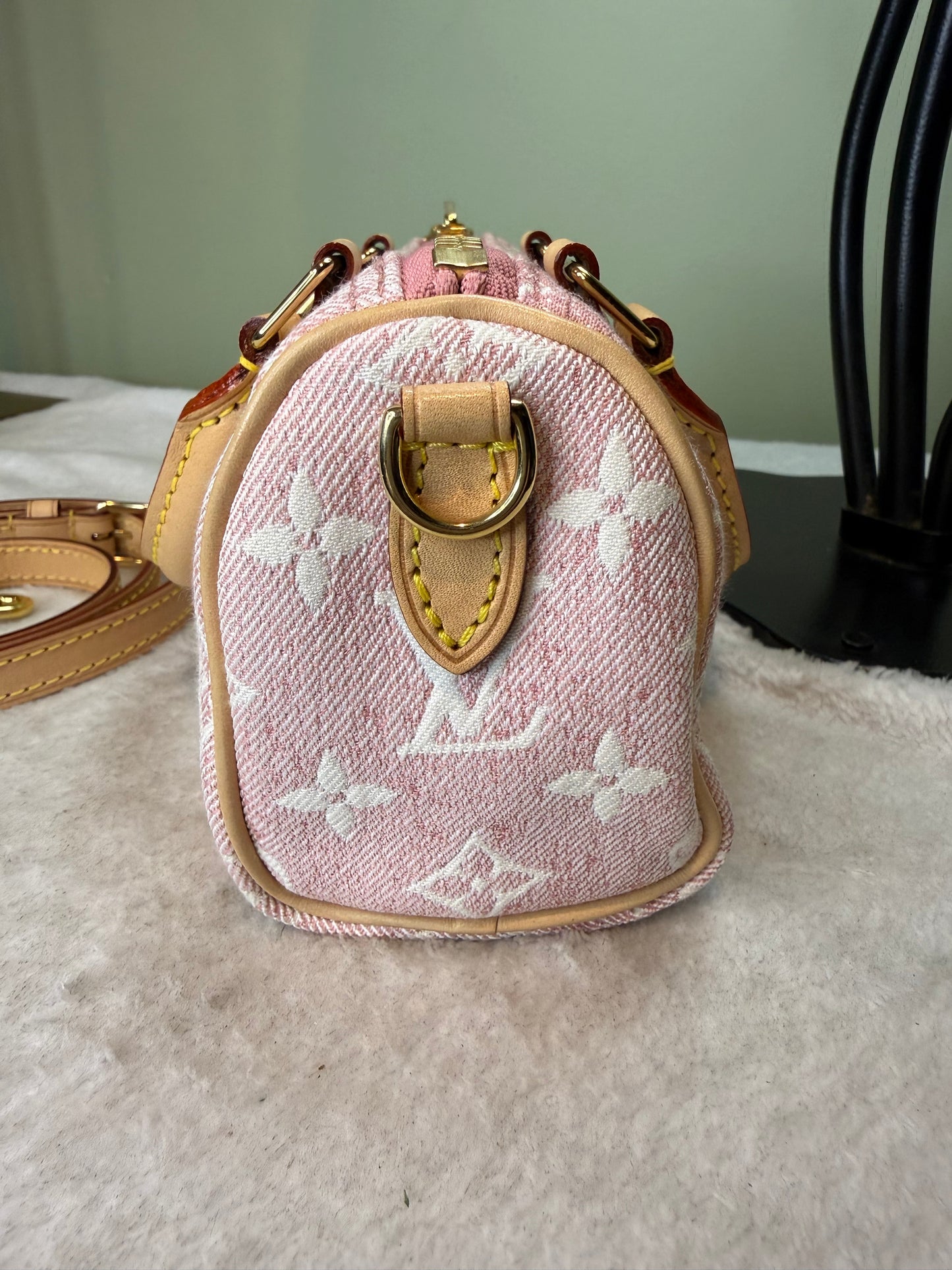 964. Louis Vuitton Pink Monogram Jacquard Denim Nano Speedy Bando