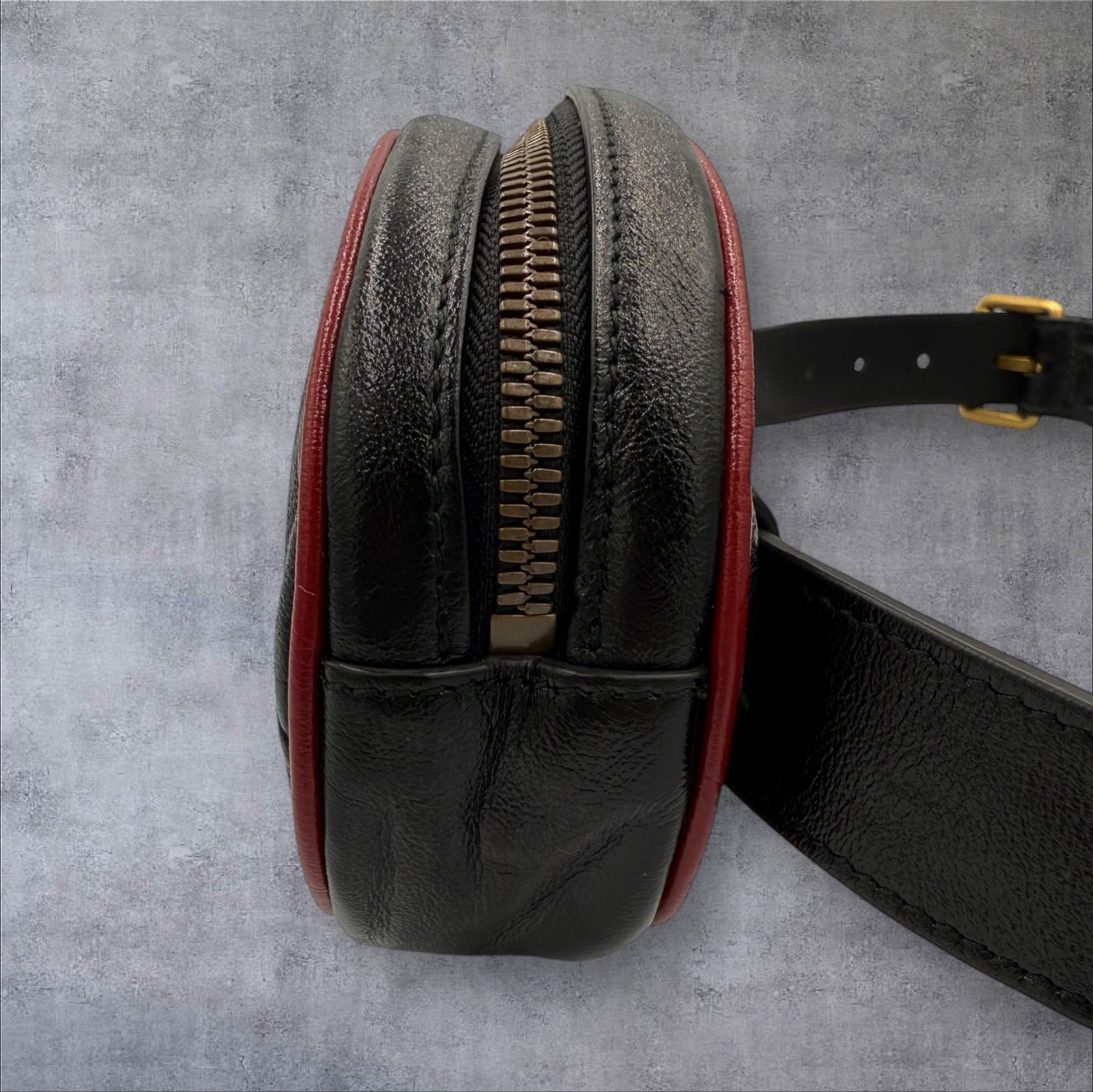 340. Gucci GG Black Calfskin Marmont Matelasse Leather Belt Bag with red trim