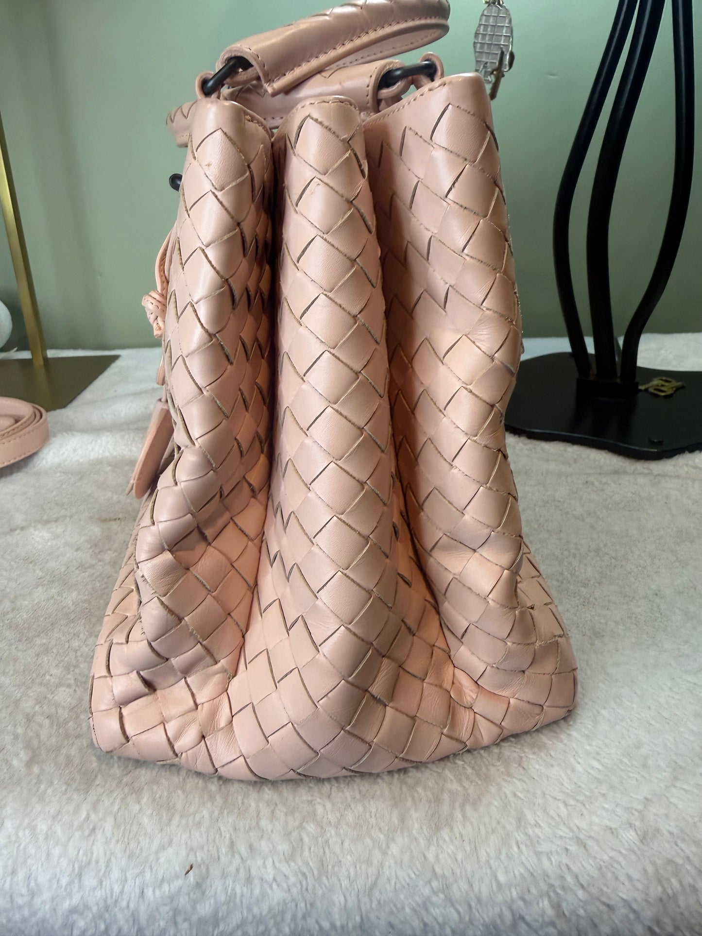 866. Bottega Venetta Pink Leather Intrecciato Nappa Small Roma Bag