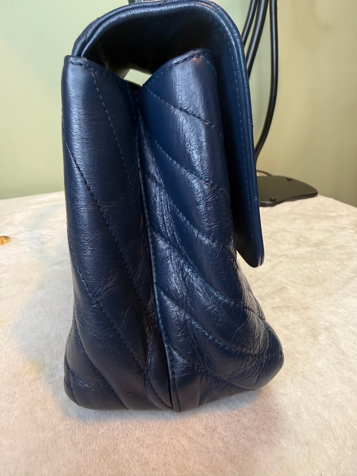 1898. Chanel Navy Crinkled Calfskin Lizard Medium Coco Top Handle Flat Bag
