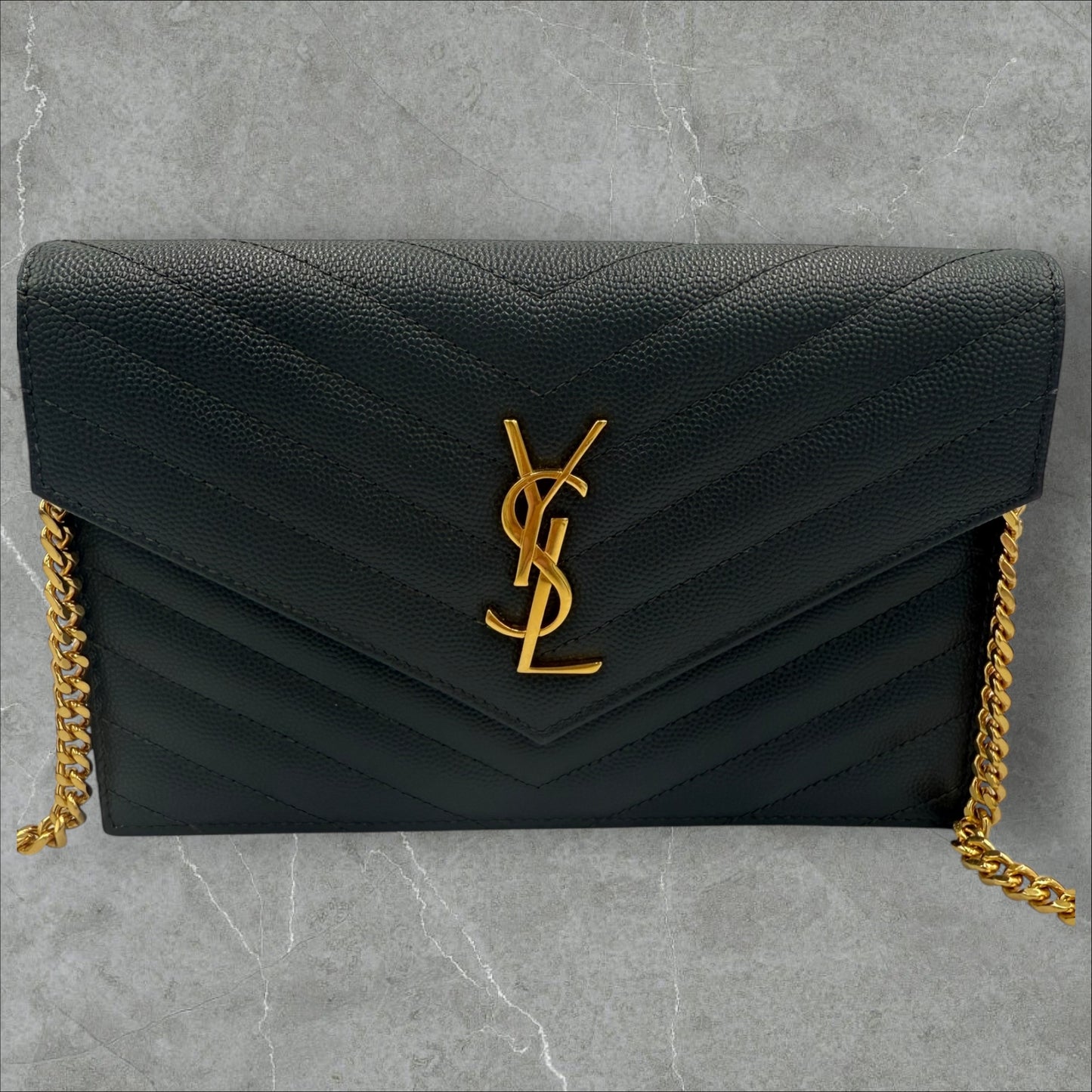 Saint Laurent YSL Dark Grey pebbled Chevron Cassandre Wallet on Chain