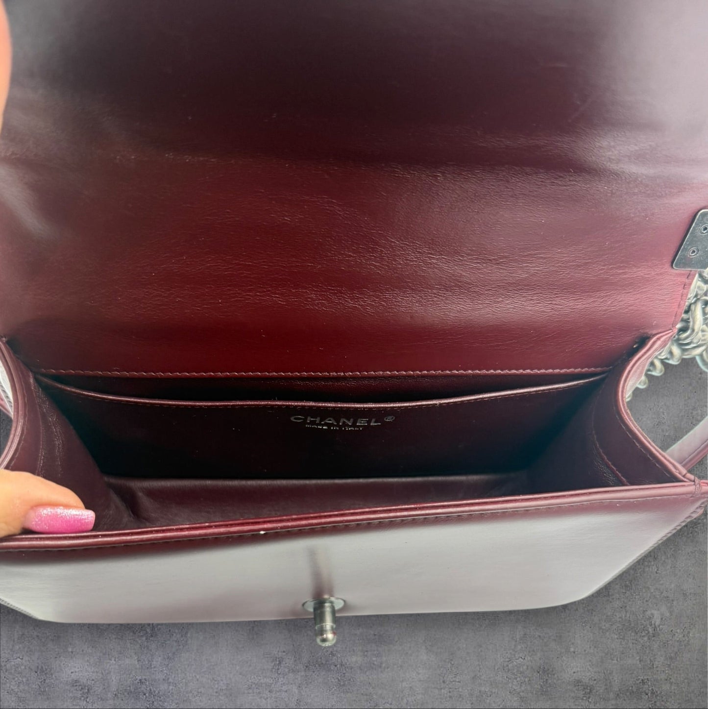 710. Chanel Burgundy Embossed Calfskin Paris Salzburg Medium Boy