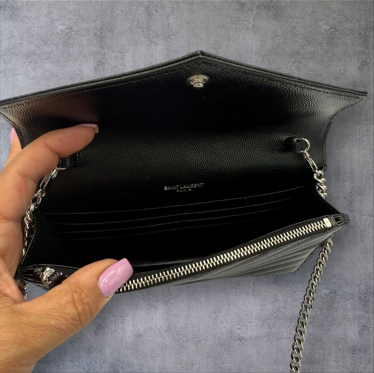 Saint Laurent YSL Black Wallet on Chain with silver logo shoulder bag
