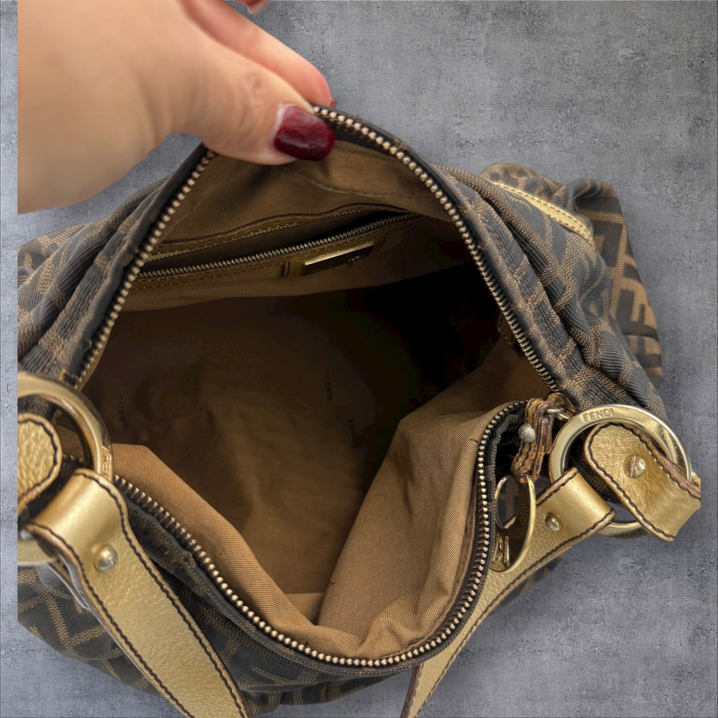 282. Fendi Zucca Chef Shoulder Bag with Gold Trim