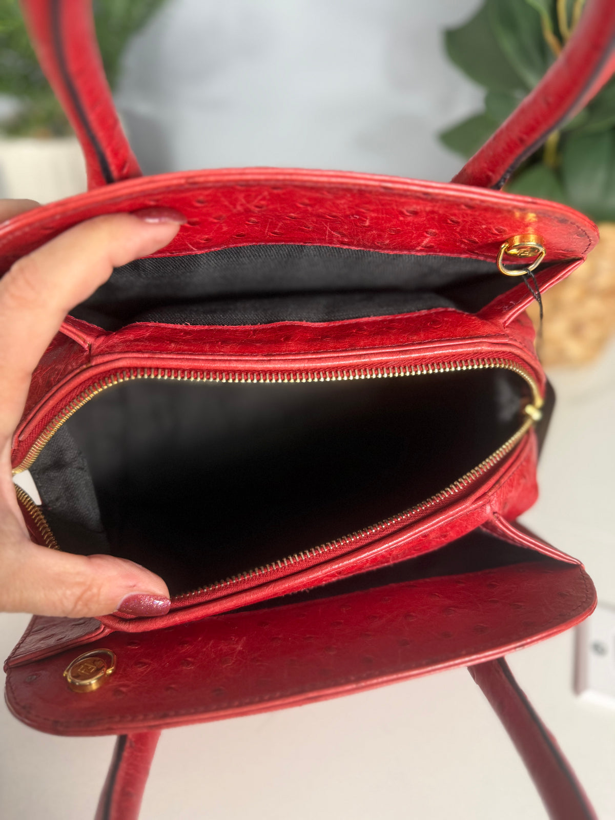 2223. Fendi Red Ostrich Leather Two Way Bag
