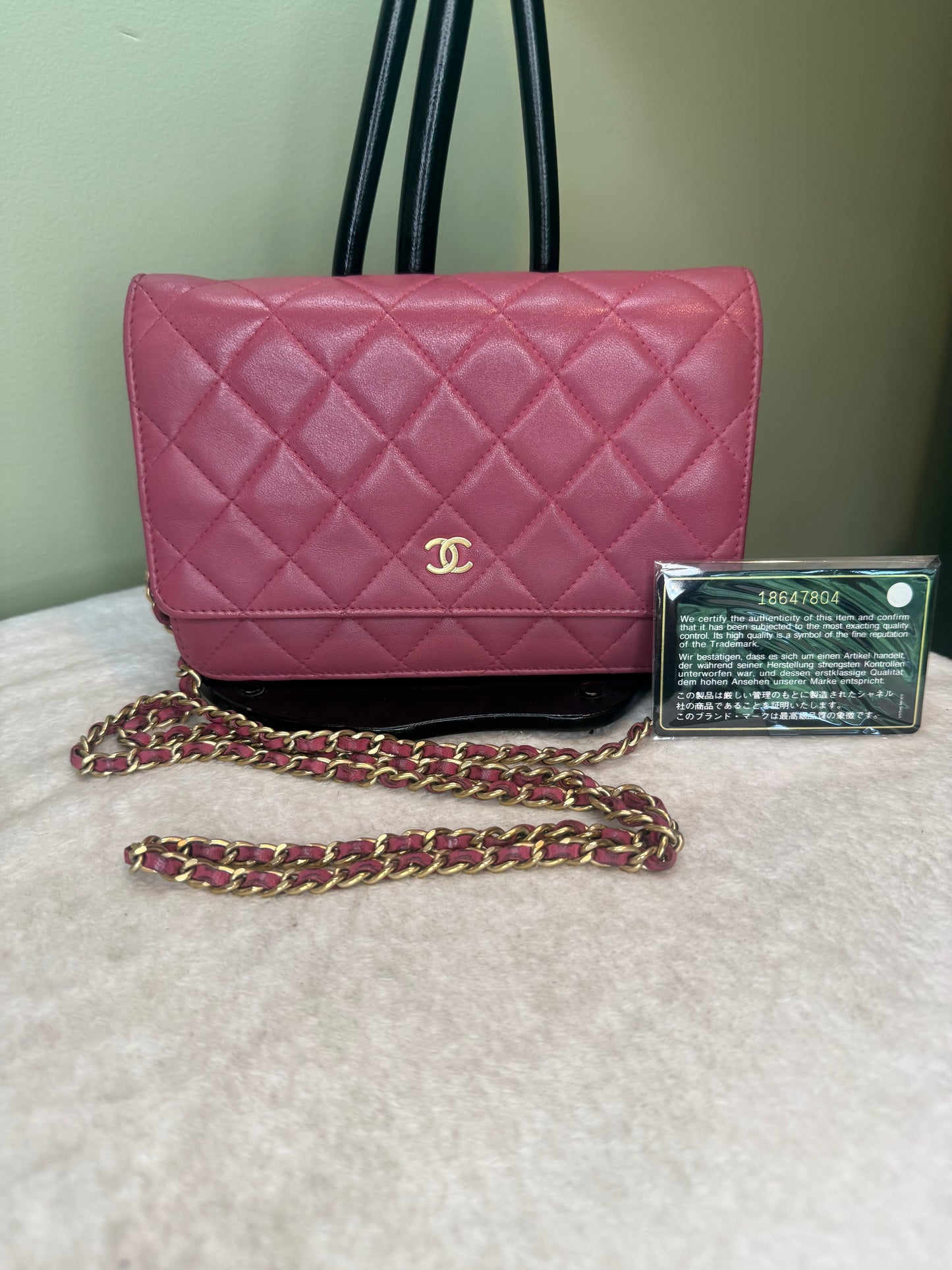 1281. Chanel Pink Lambskin Classic Wallet on Chain