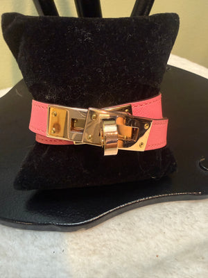 1632. Hermes Rose Azalee Kelly Double Tour Pink Leather wrap Bracelet