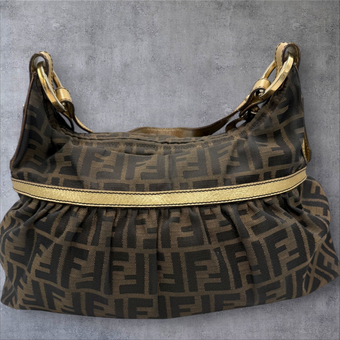 282. Fendi Zucca Chef Shoulder Bag with Gold Trim