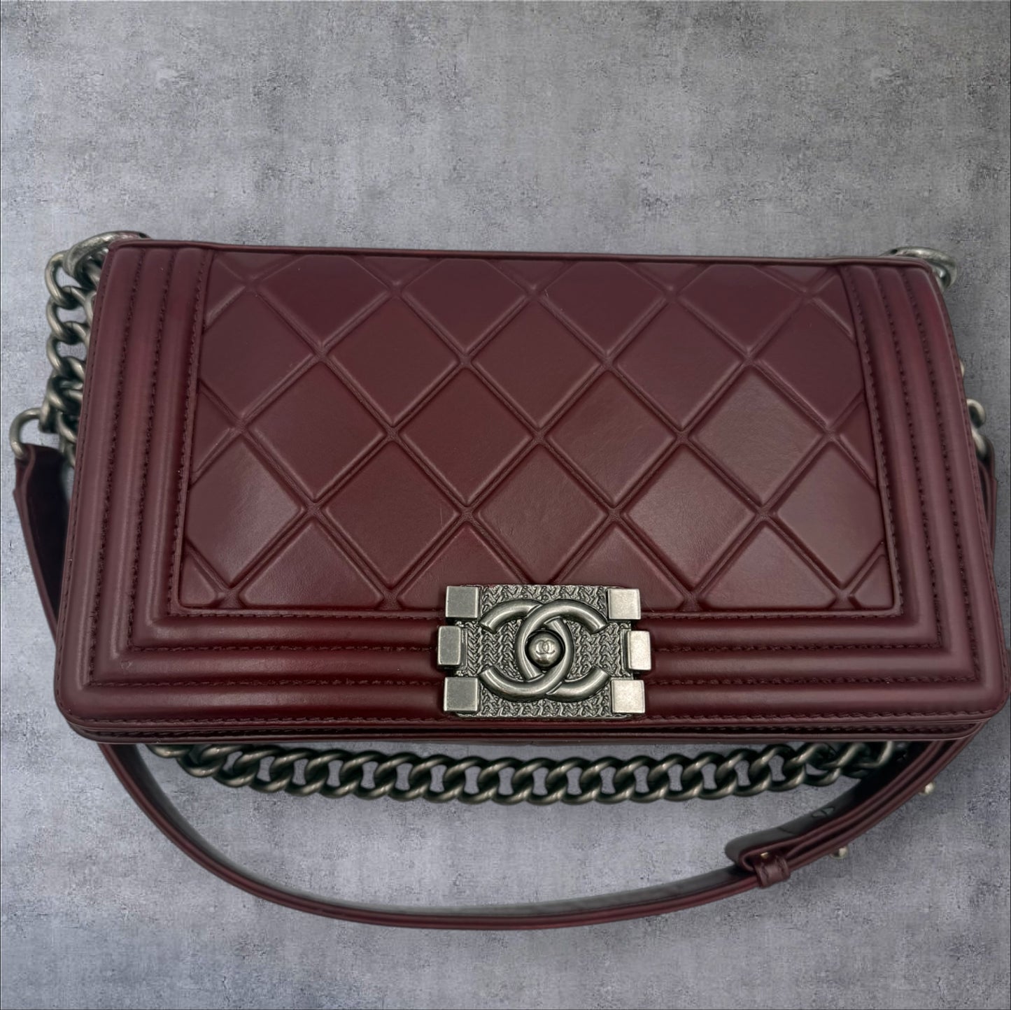 710. Chanel Burgundy Embossed Calfskin Paris Salzburg Medium Boy