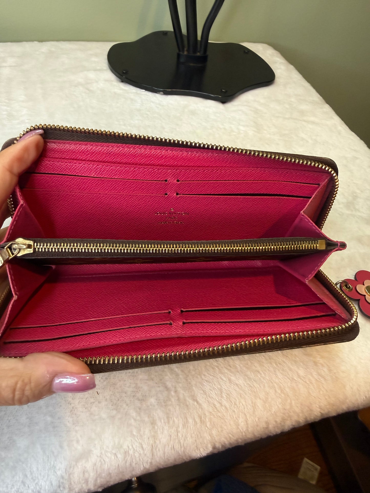 1759. Louis Vuitton Monogram Clemence Wallet with Fuchsia and Flower zipper pull