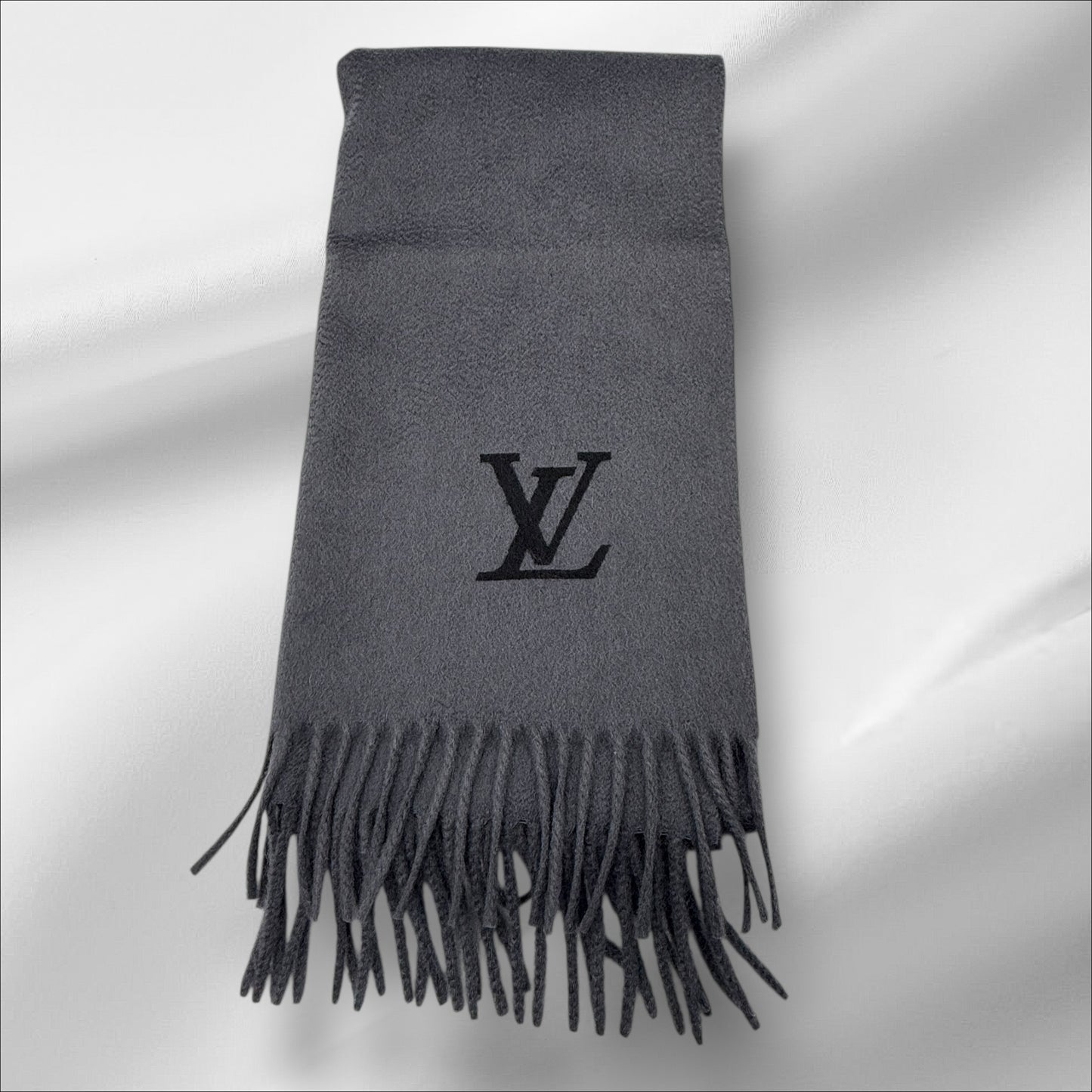 303. Louis Vuitton Grey Fringe 100% Cashmere Scarf