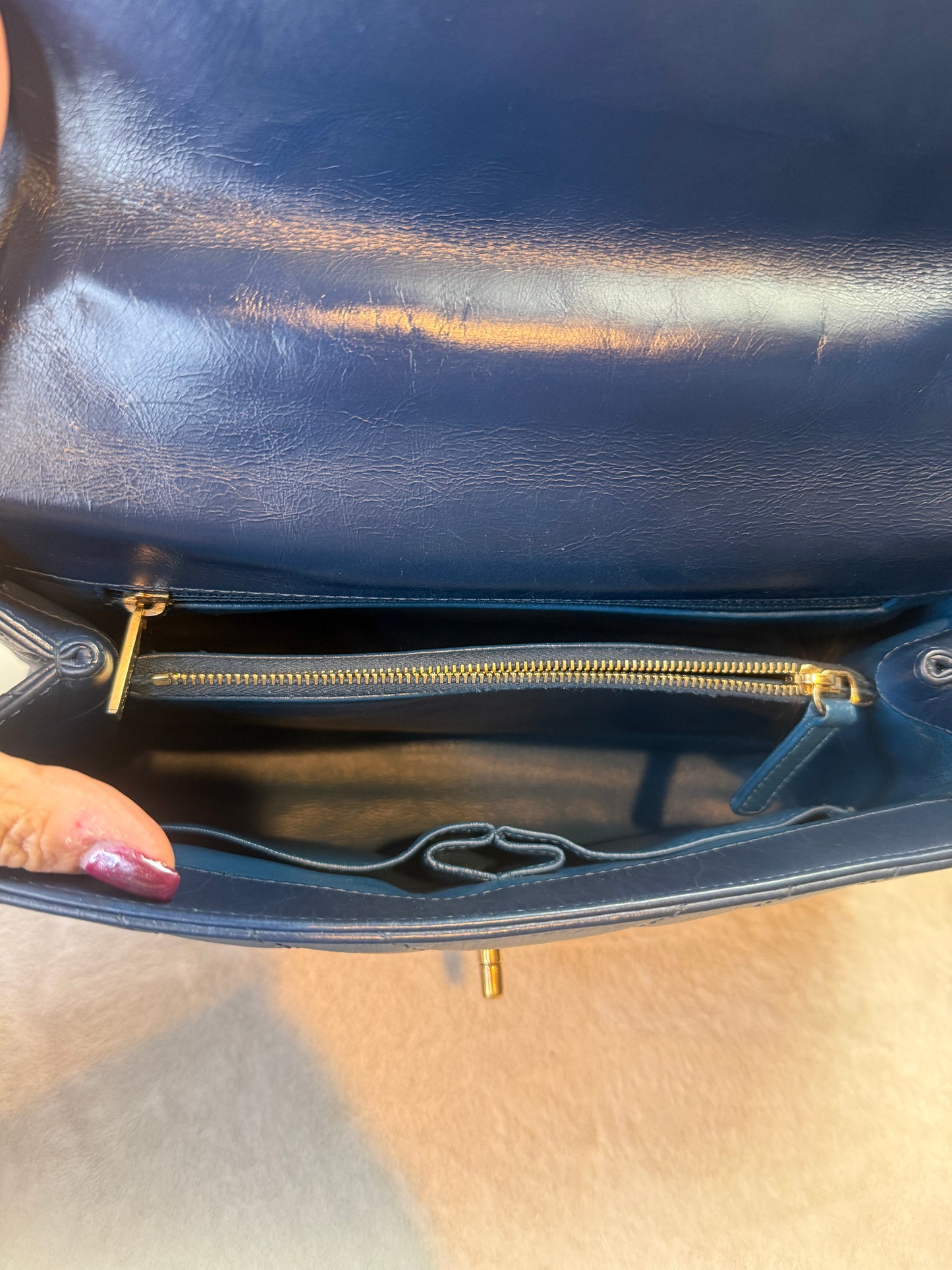 1898. Chanel Navy Crinkled Calfskin Lizard Medium Coco Top Handle Flat Bag