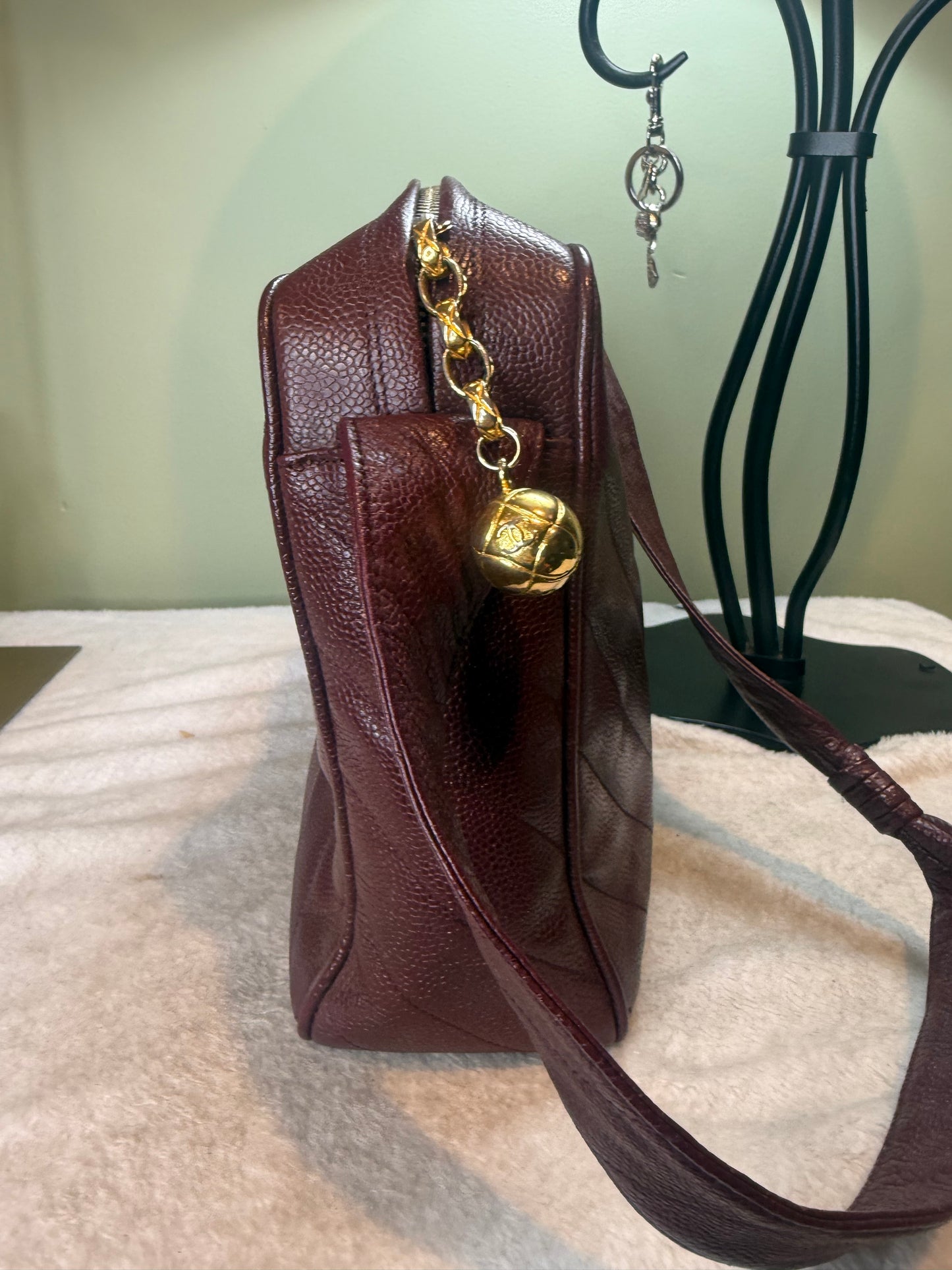 1081. Chanel Vintage Burgundy Caviar Chevron Camera Bag