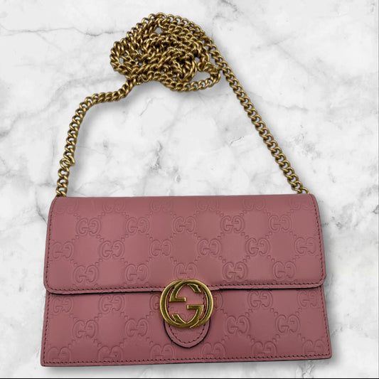 Gucci Sima GG Interlocking Wallet on a Chain - Pink