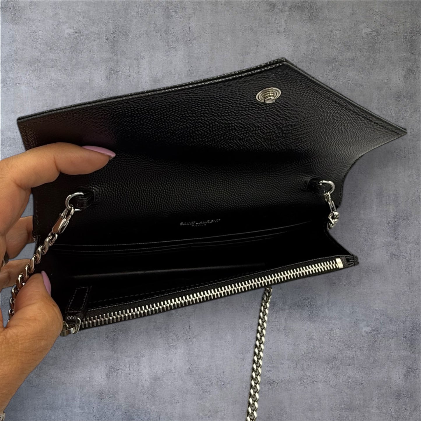 Saint Laurent YSL Black Wallet on Chain with silver logo shoulder bag