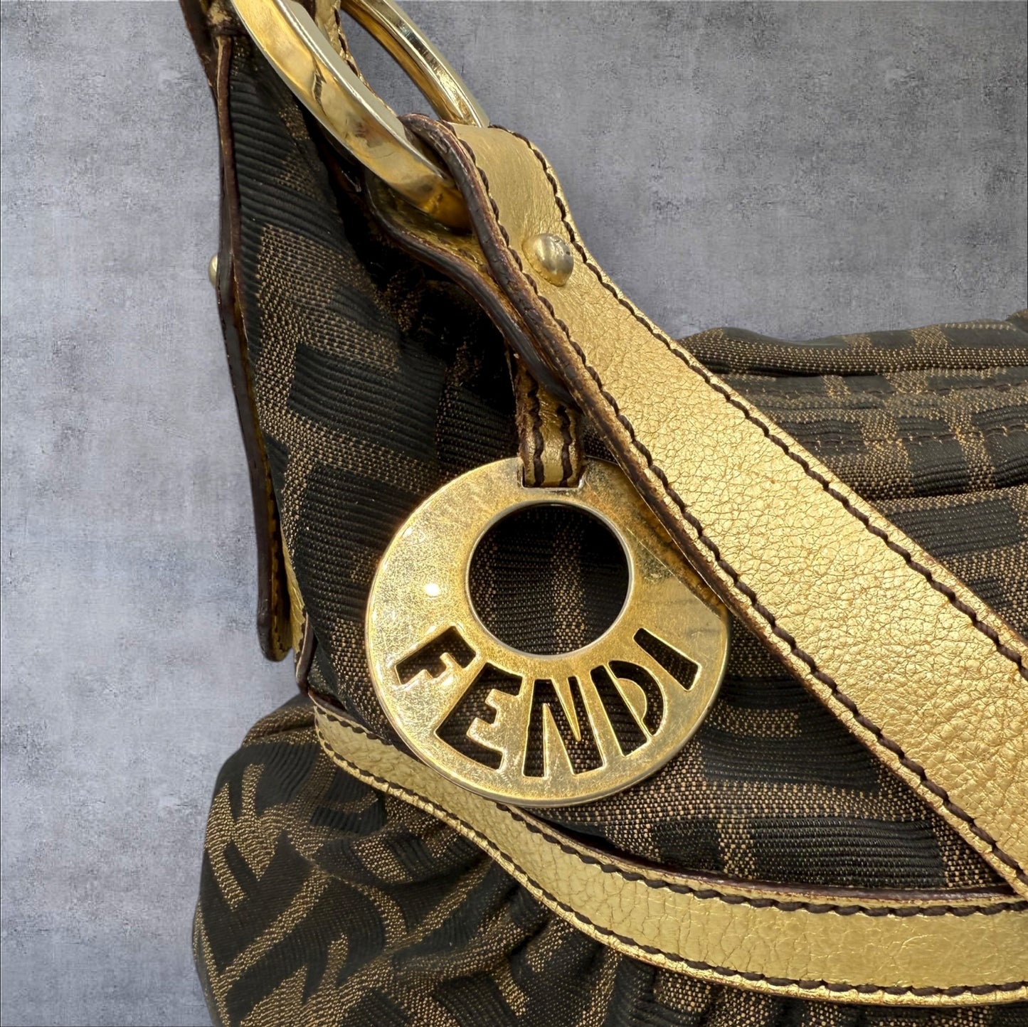 282. Fendi Zucca Chef Shoulder Bag with Gold Trim