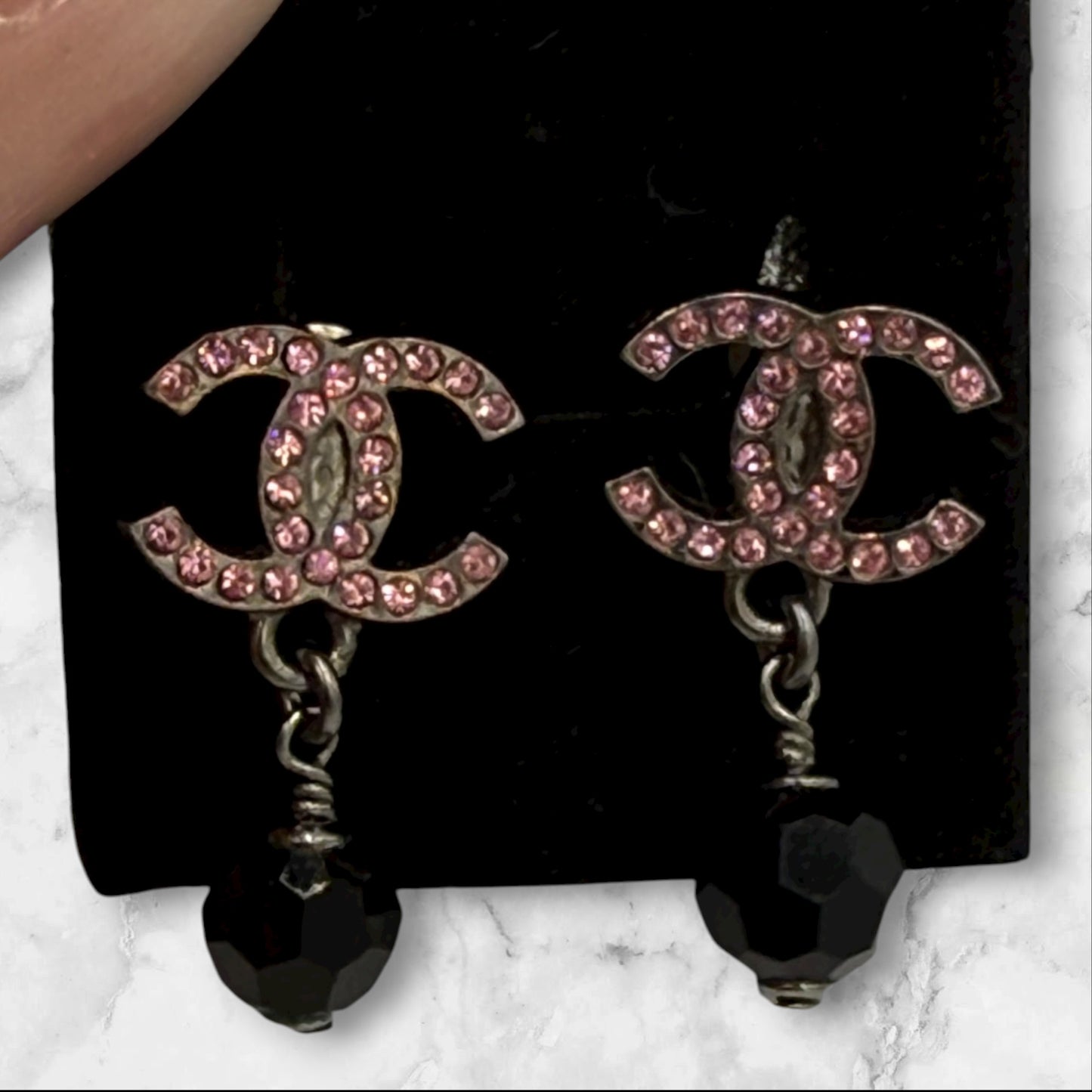 Chanel CC Drop Pierced Earrings with Pink Rhinestone and Black beads