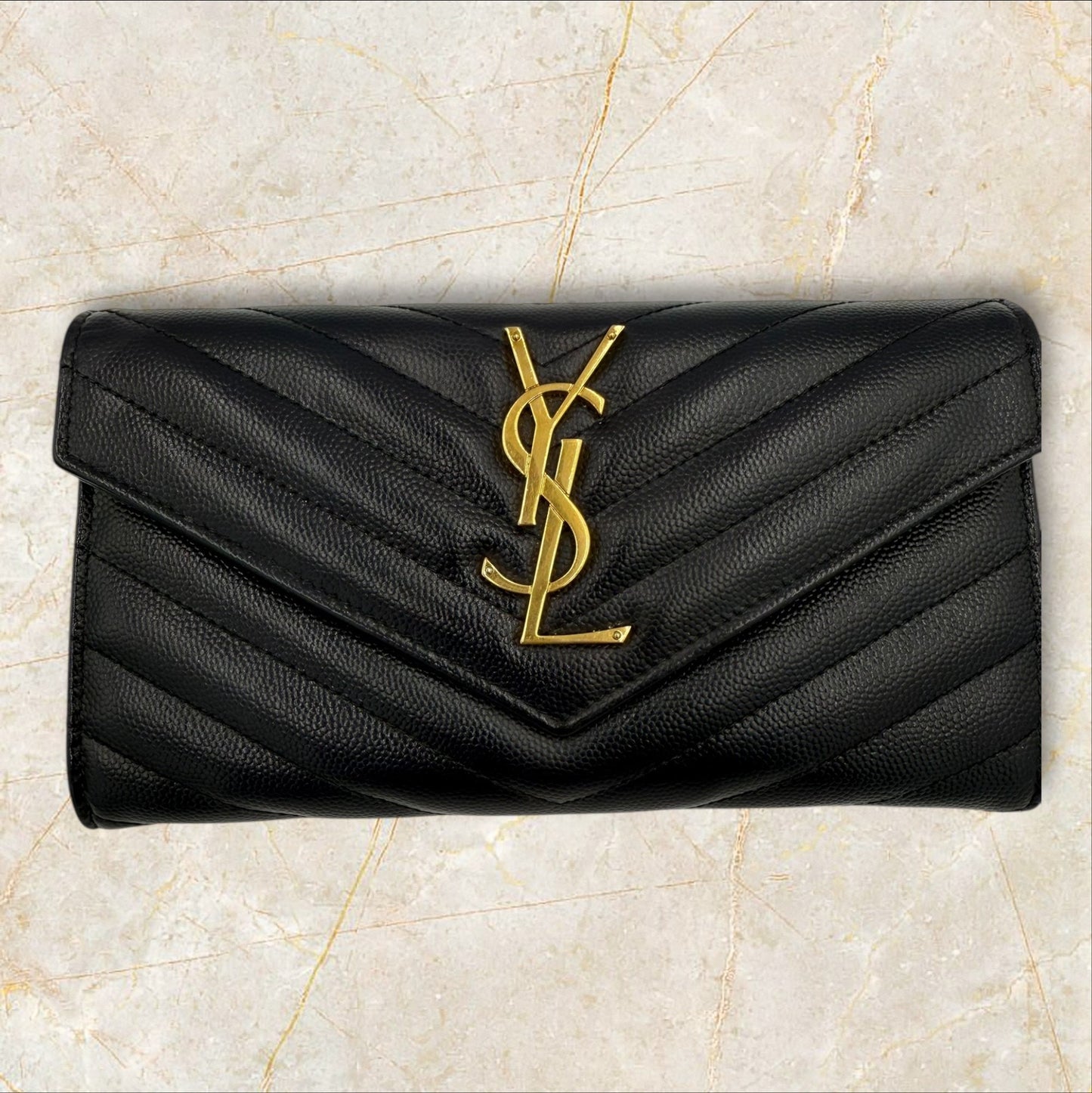 275. YSL Navy Monogram Flap Wallet in Grained Leather